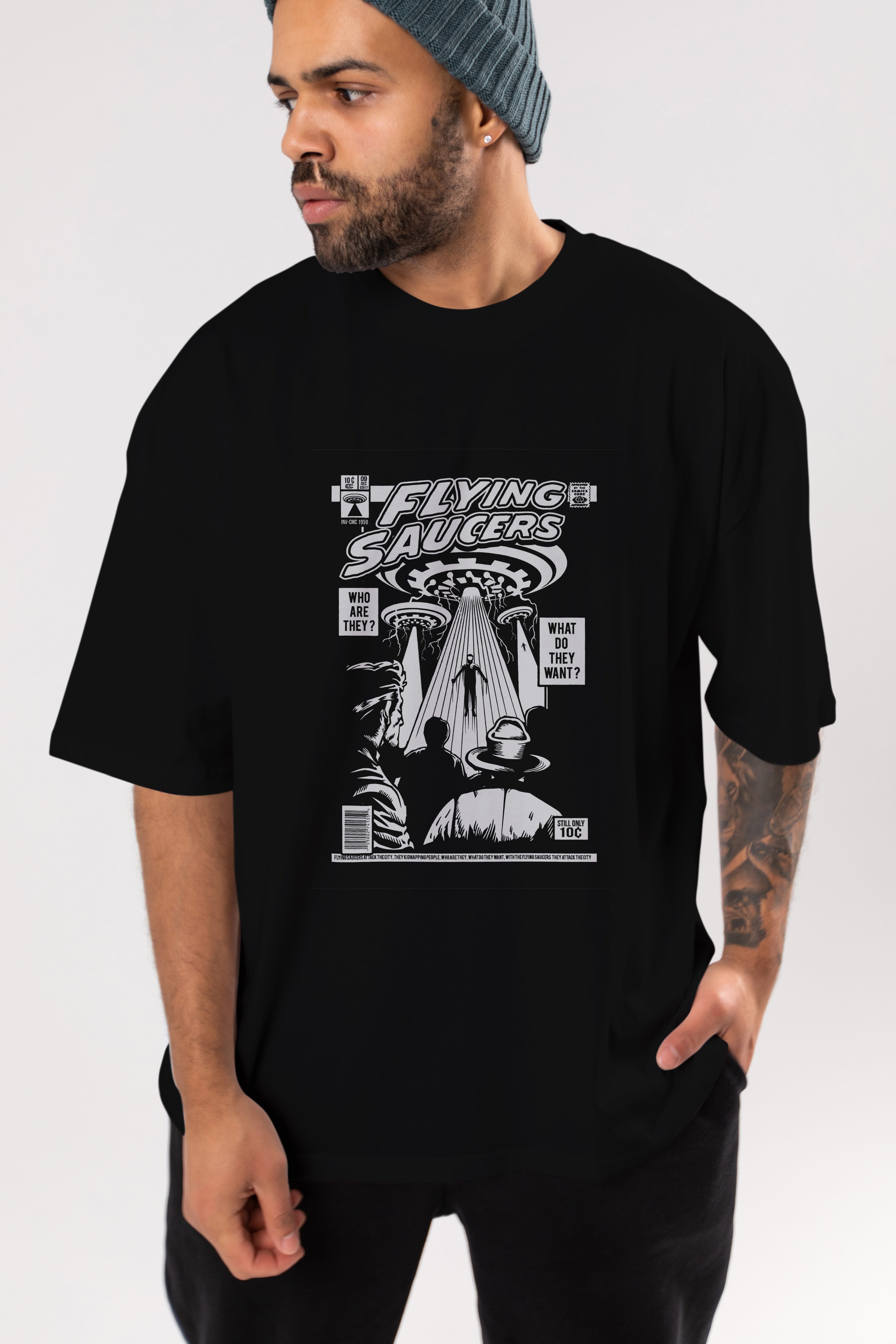 UFO Ön Baskılı Oversize t-shirt Erkek Kadın Unisex %100 Pamuk tişort