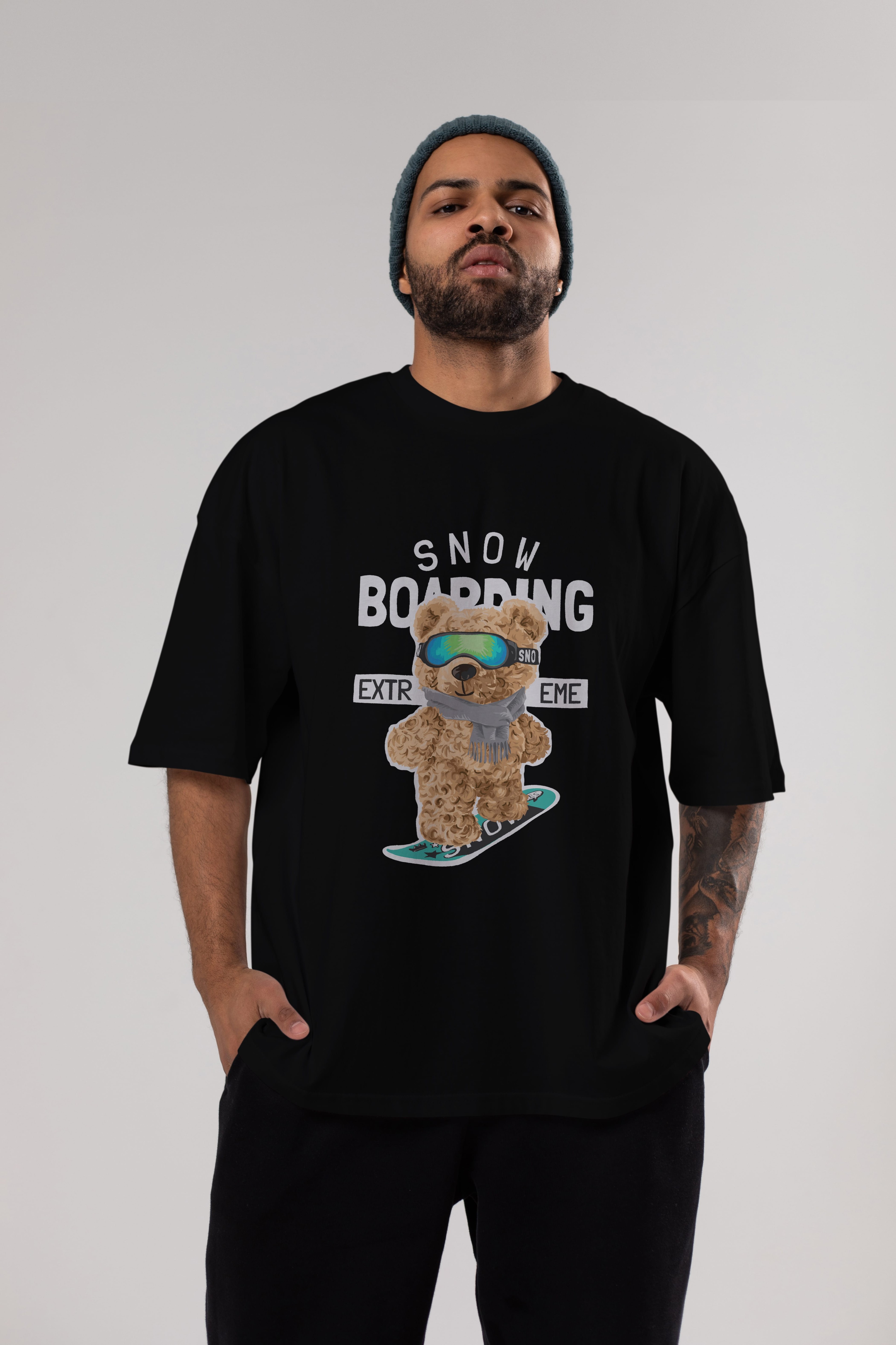 Teddy Bear Snow Boarding Ön Baskılı Oversize t-shirt Erkek Kadın Unisex %100 Pamuk