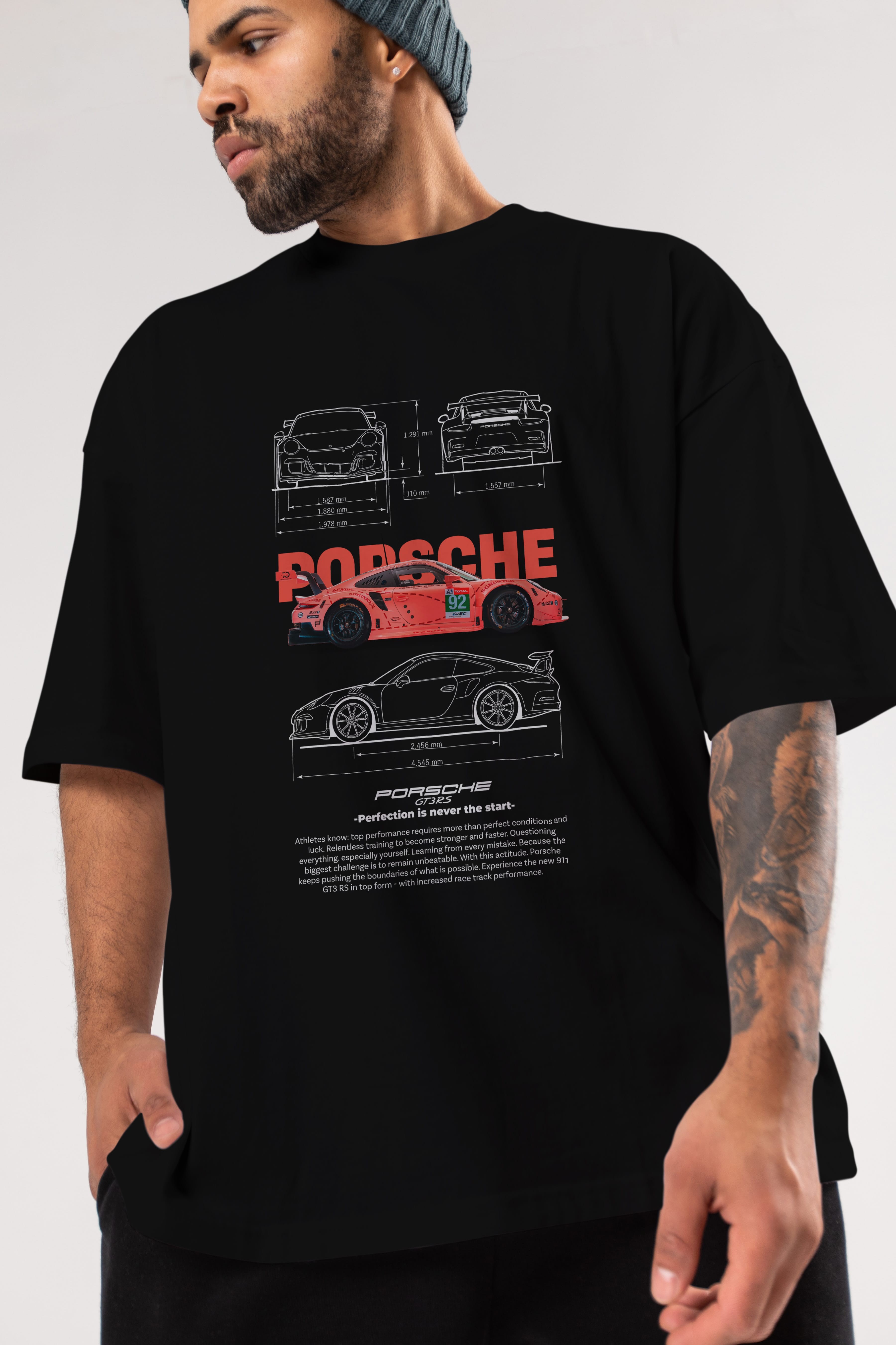 PORSCHE 911 GT3 RS ROSA BLANCO Ön Baskılı Oversize t-shirt Erkek Kadın Unisex %100 Pamuk Bisiklet Yaka tişort