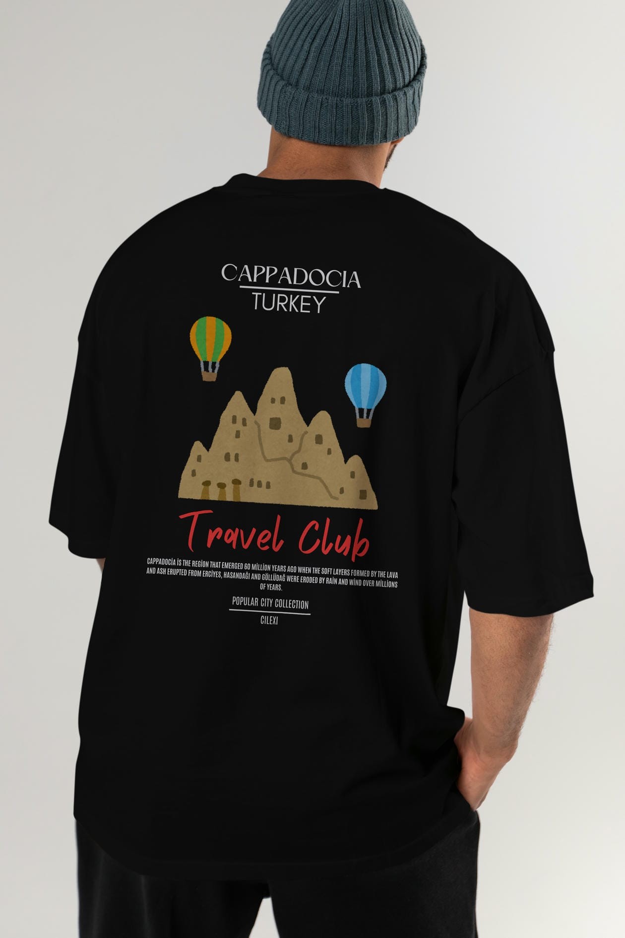 Cappadocia Turkey Arka Baskılı Oversize t-shirt Erkek Kadın Pamuk Bisiklet Yaka tişort