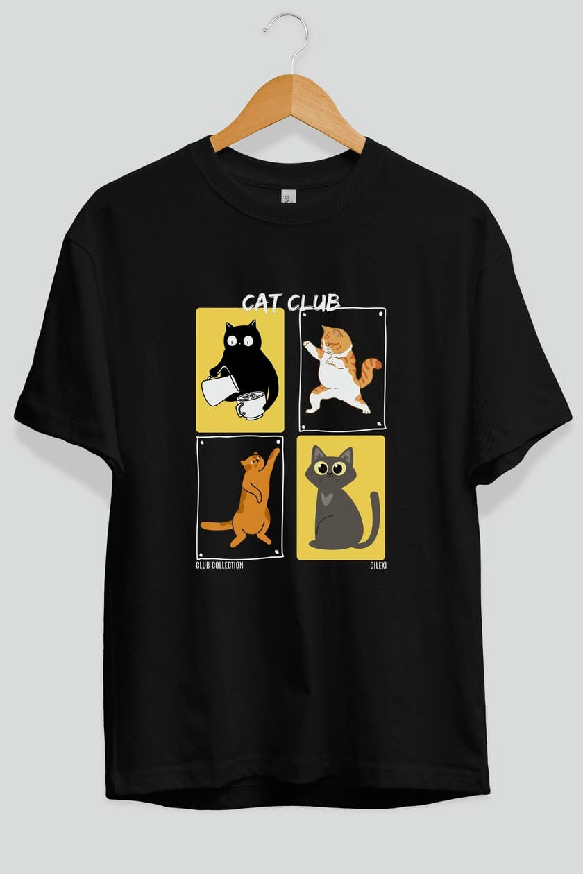 Cat Club ön Baskılı Oversize t-shirt Erkek Kadın %100 Pamuk Bisiklet Yaka tişort