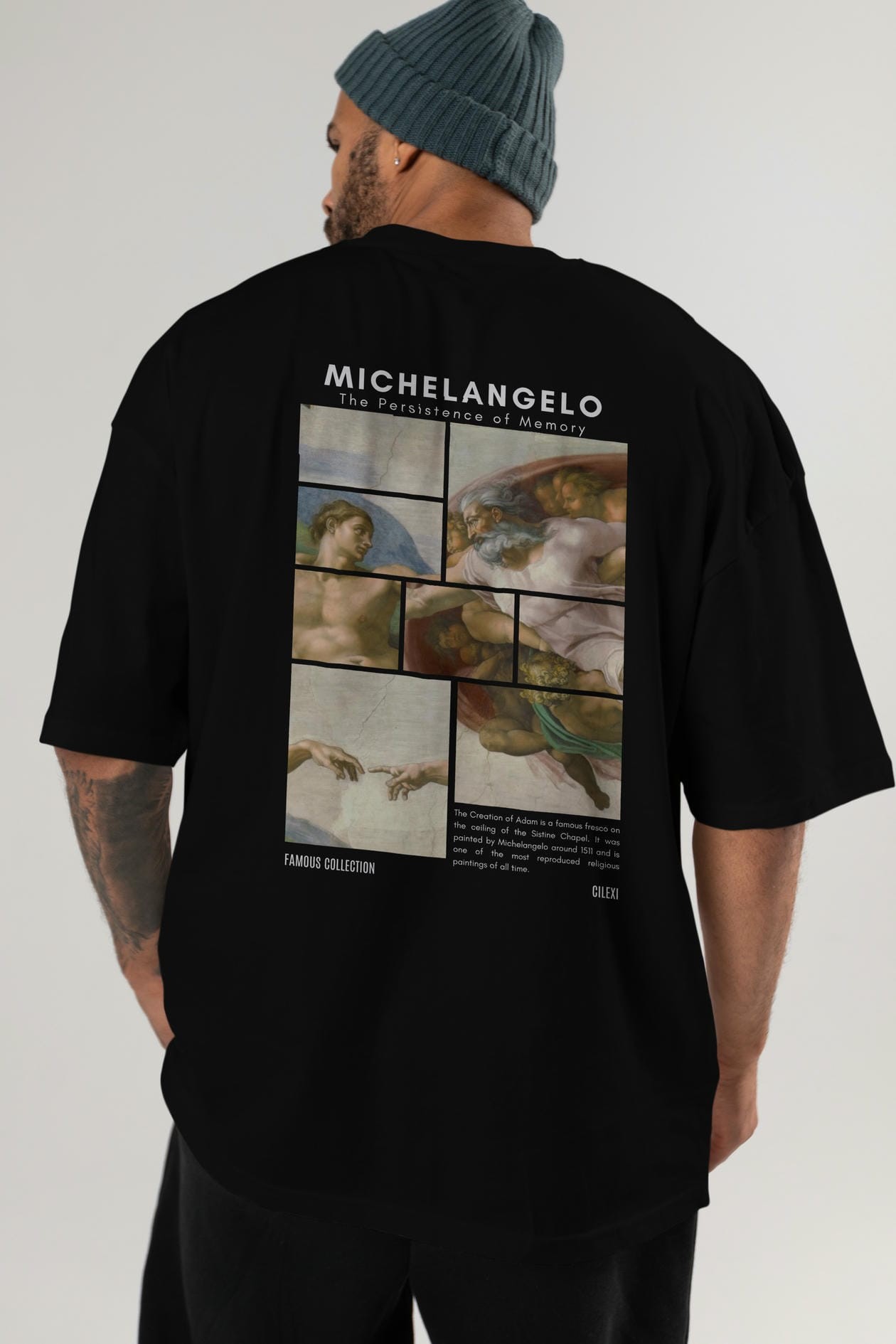 Michelangelo Arka Baskılı Oversize t-shirt Erkek Kadın Bisiklet Yaka Pamuk tişort