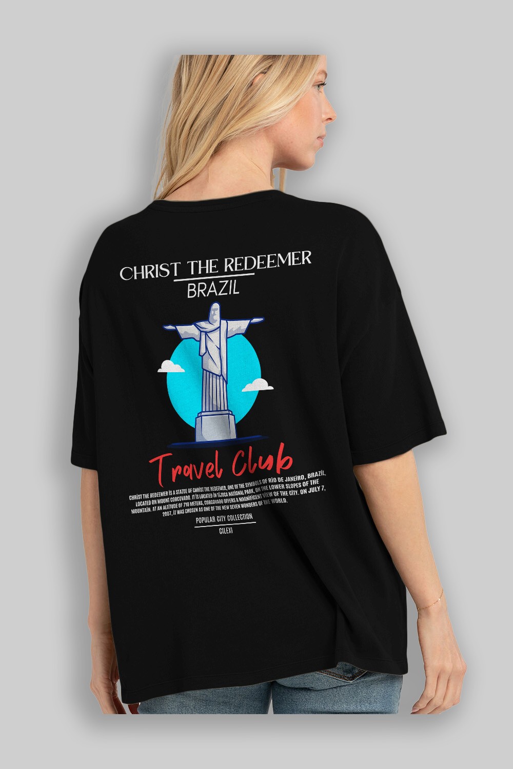 Christ The Redeemer Brazil Arka Baskılı Oversize t-shirt Erkek Kadın Pamuk Bisiklet Yaka tişort