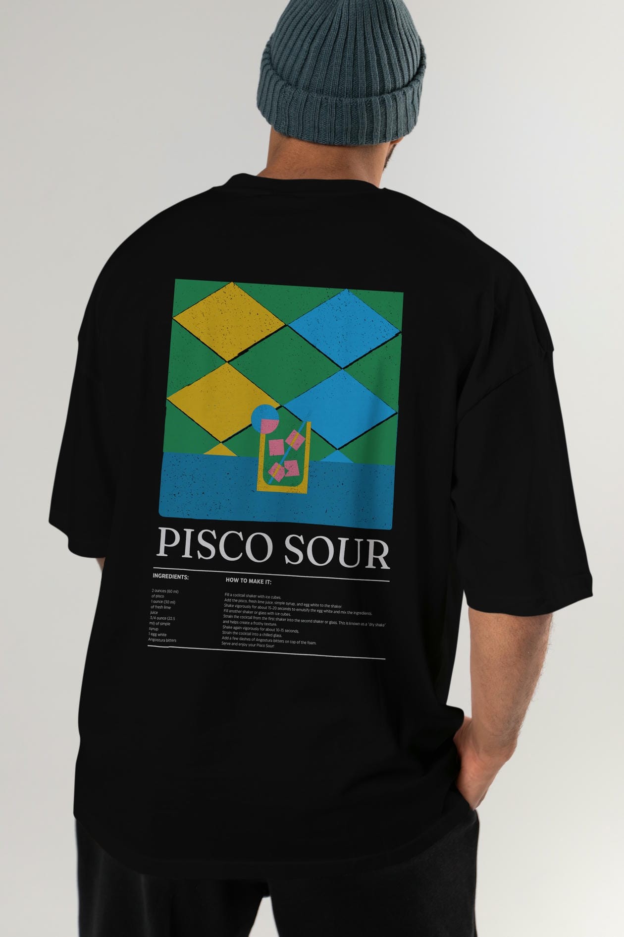 Pisco Sour Kokteyl Serisi Arka Baskılı Oversize t-shirt Erkek Kadın %100 Pamuk Bisiklet Yaka tişort