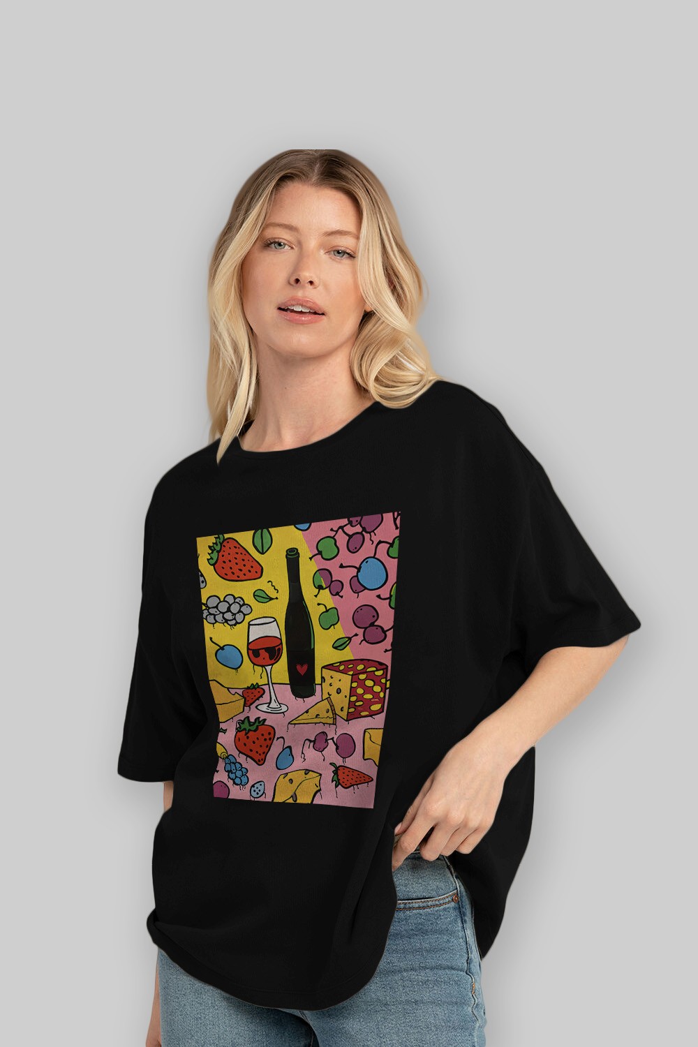 Wine Cheese Fruits Ön Baskılı Oversize t-shirt Erkek Kadın Unisex %100 Pamuk Bisiklet Yaka tişort