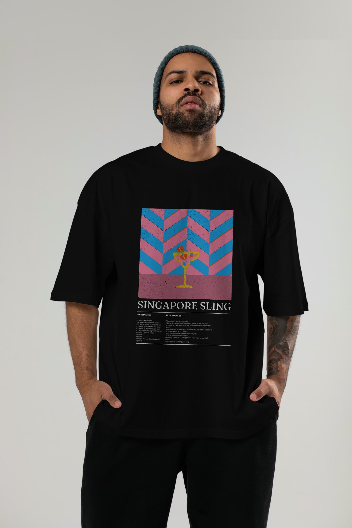 Sıngapore Sling Kokteyl Ön Baskılı Oversize t-shirt Erkek Kadın %100 Pamuk Bisiklet Yaka tişort