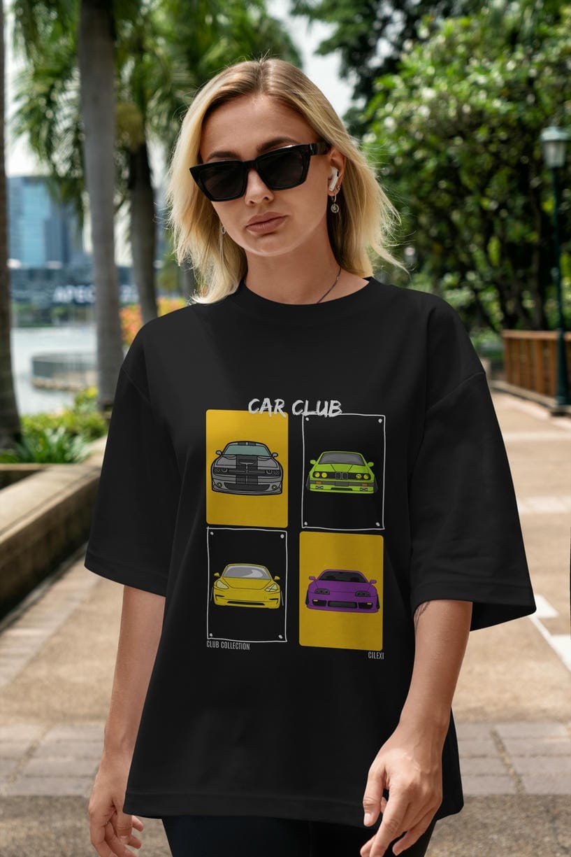 Car Club ön Baskılı Oversize t-shirt Erkek Kadın %100 Pamuk Bisiklet Yaka tişort