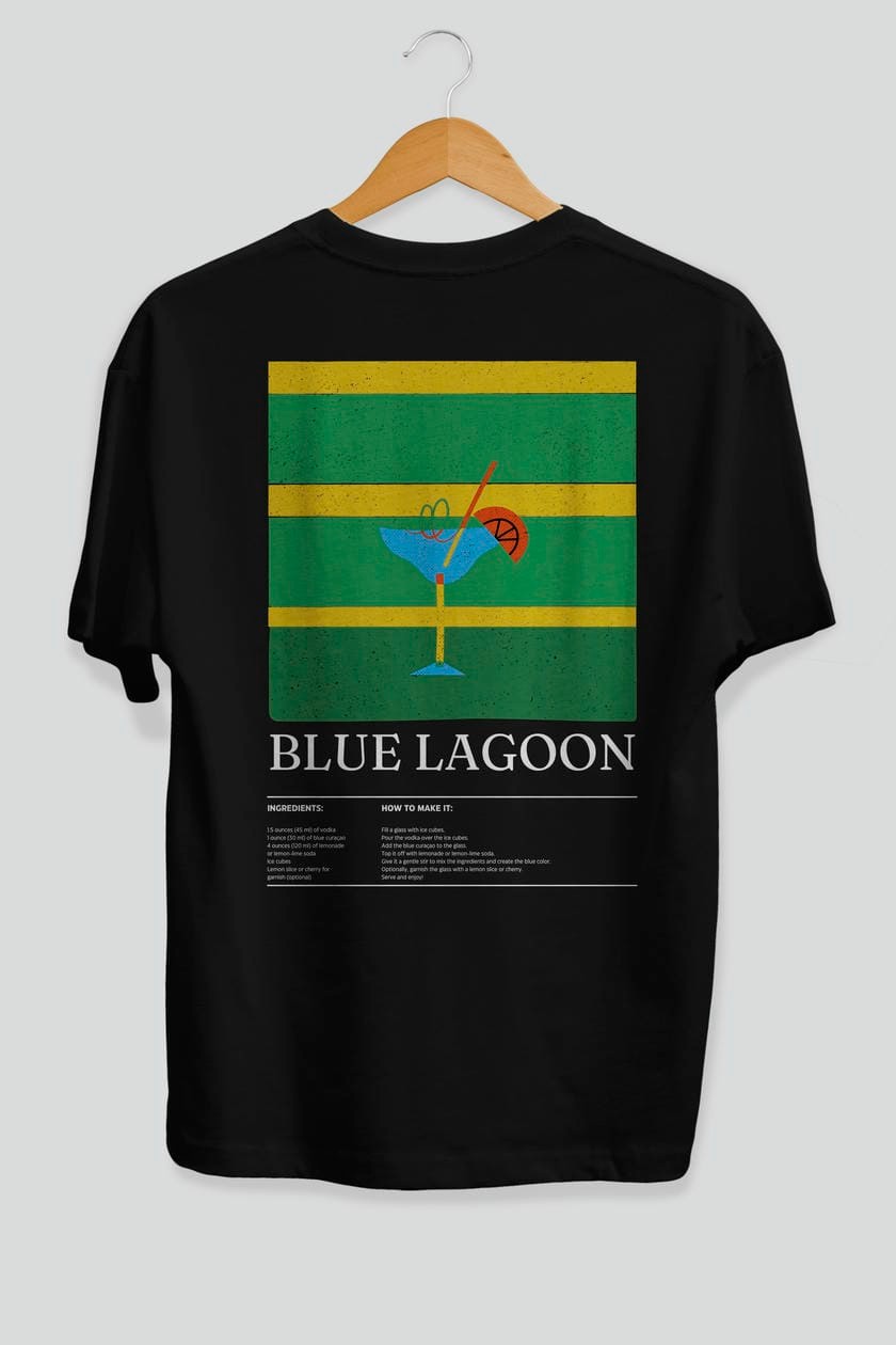 Blue Lagoon Kokteyl Serisi Arka Baskılı Oversize t-shirt Erkek Kadın %100 Pamuk Bisiklet Yaka tişort