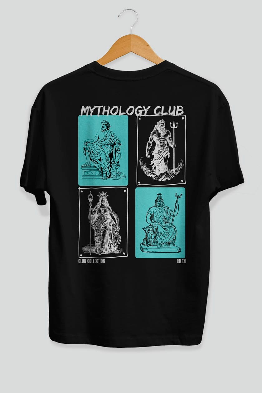 Mythology Club Arka Baskılı Oversize t-shirt Erkek Kadın %100 Pamuk Bisiklet Yaka tişort