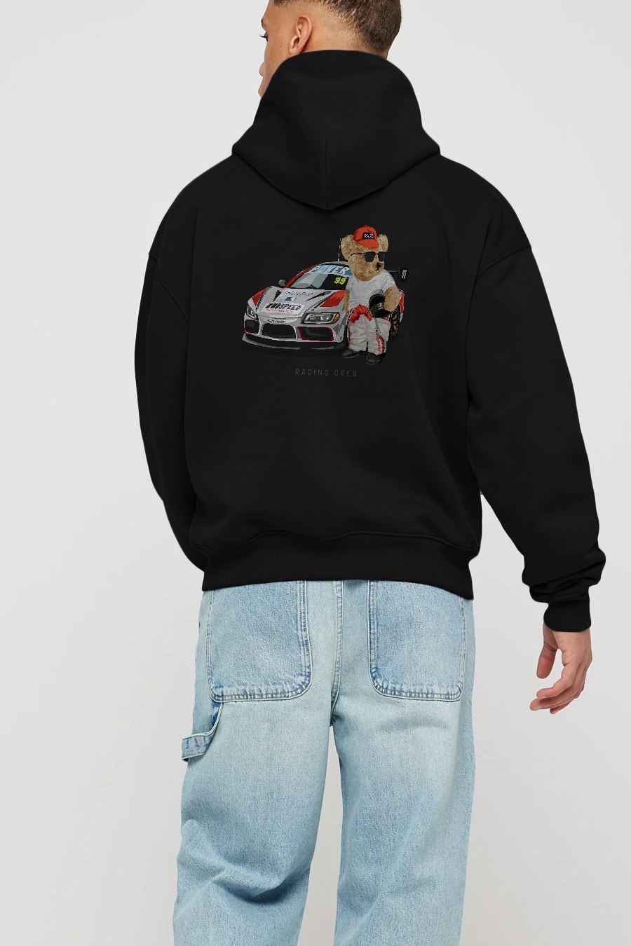 Teddy Bear Racing Crew Arka Baskılı Hoodie Oversize Kapüşonlu Sweatshirt Erkek Kadın Unisex