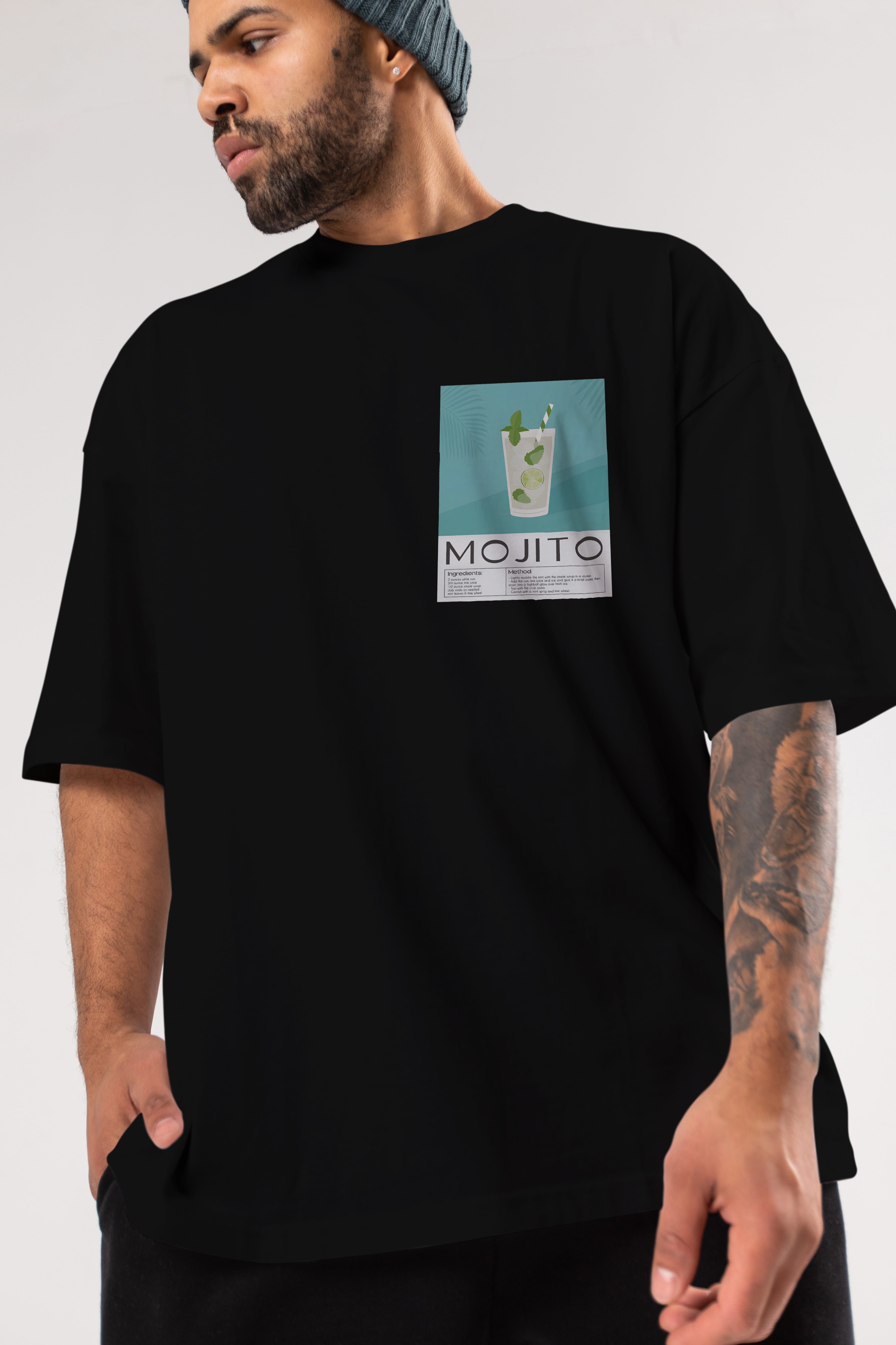 Mojito 4 Ön Sol Baskılı Oversize t-shirt Erkek Kadın Unisex %100 Pamuk Bisiklet Yaka tişort