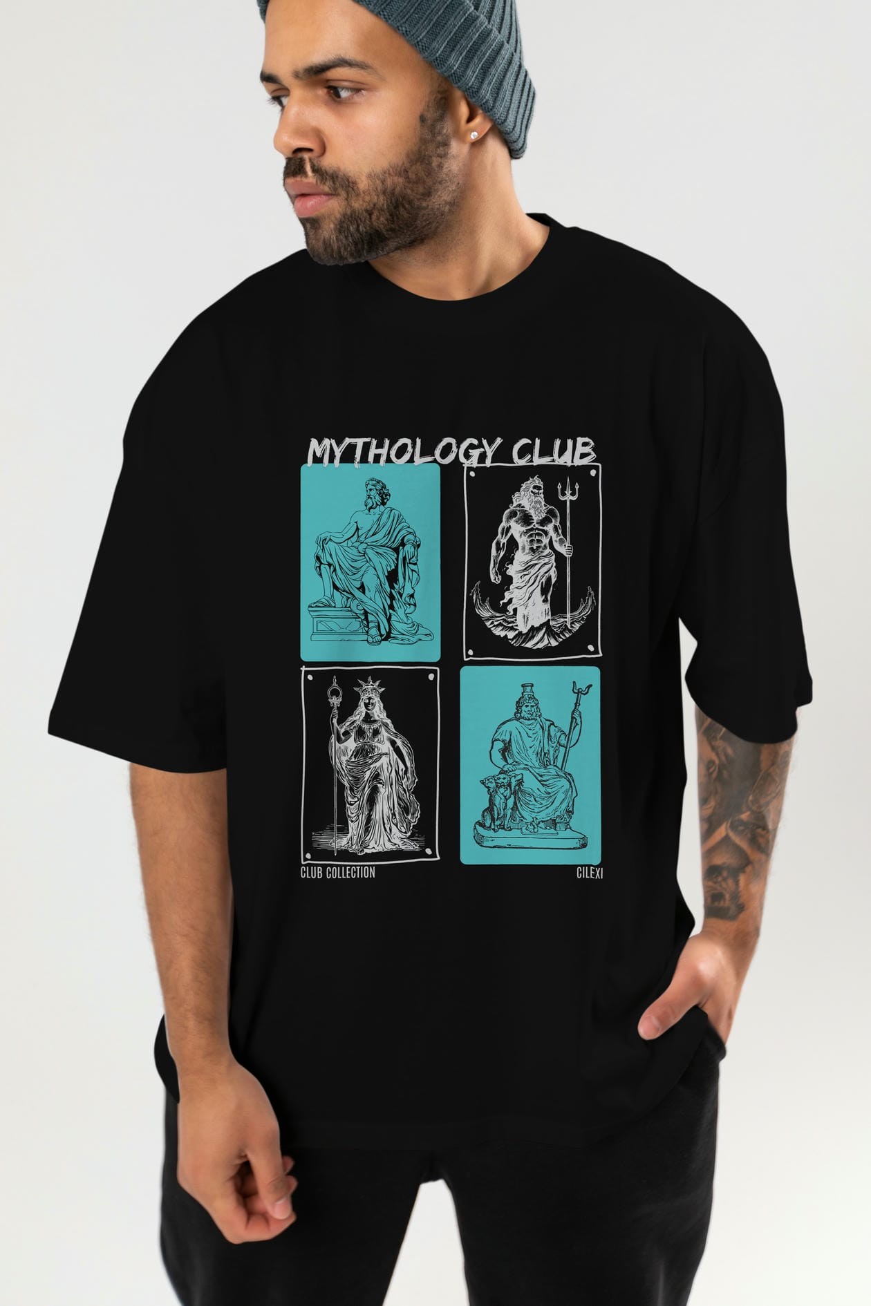 Mythology Club ön Baskılı Oversize t-shirt Erkek Kadın %100 Pamuk Bisiklet Yaka tişort