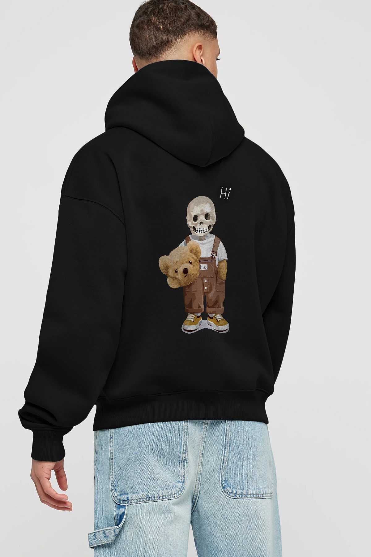 Teddy Bear hi Arka Baskılı Hoodie Oversize Kapüşonlu Sweatshirt Erkek Kadın Unisex