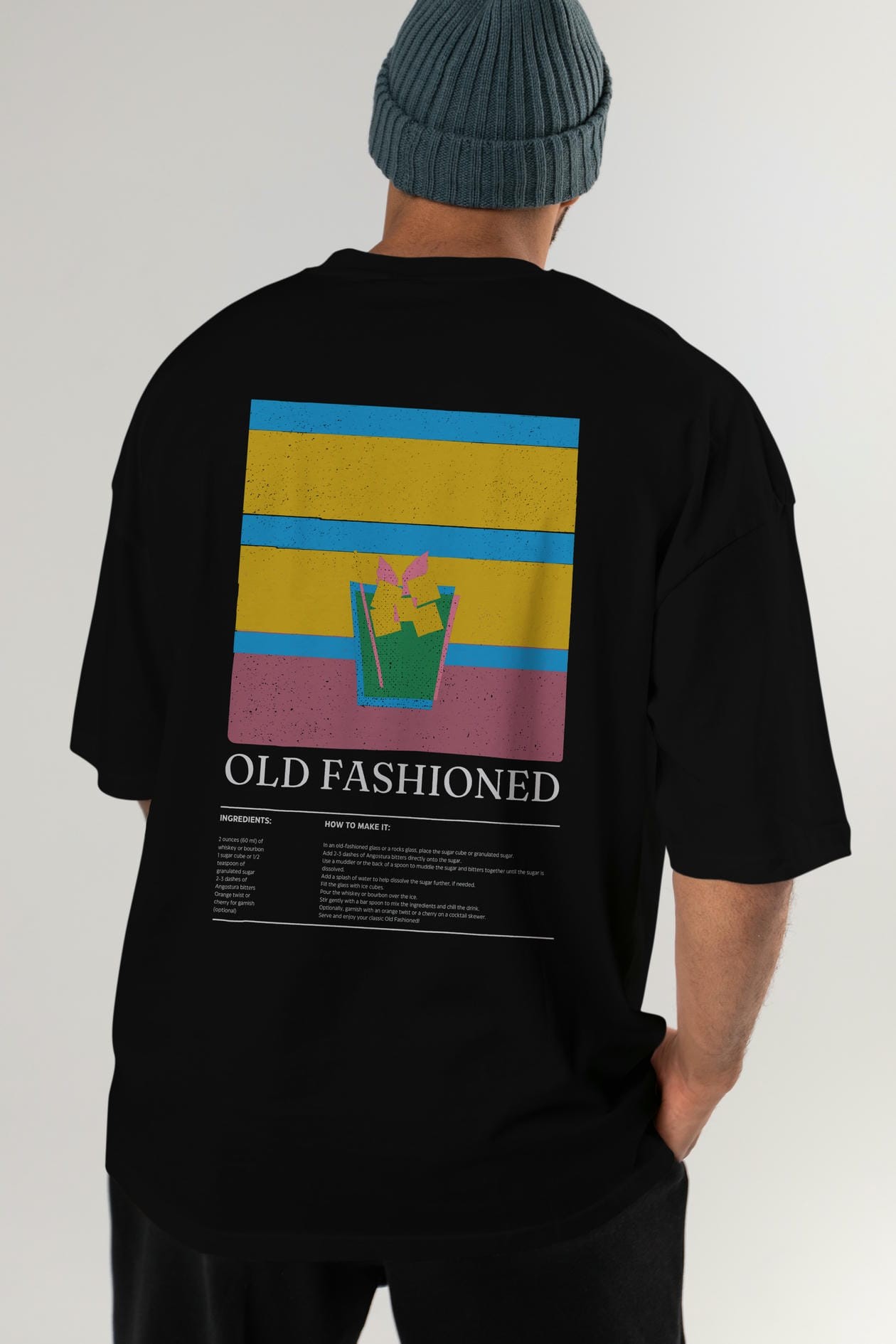 Old Fashioned Kokteyl Serisi Arka Baskılı Oversize t-shirt Erkek Kadın %100 Pamuk Bisiklet Yaka tişort
