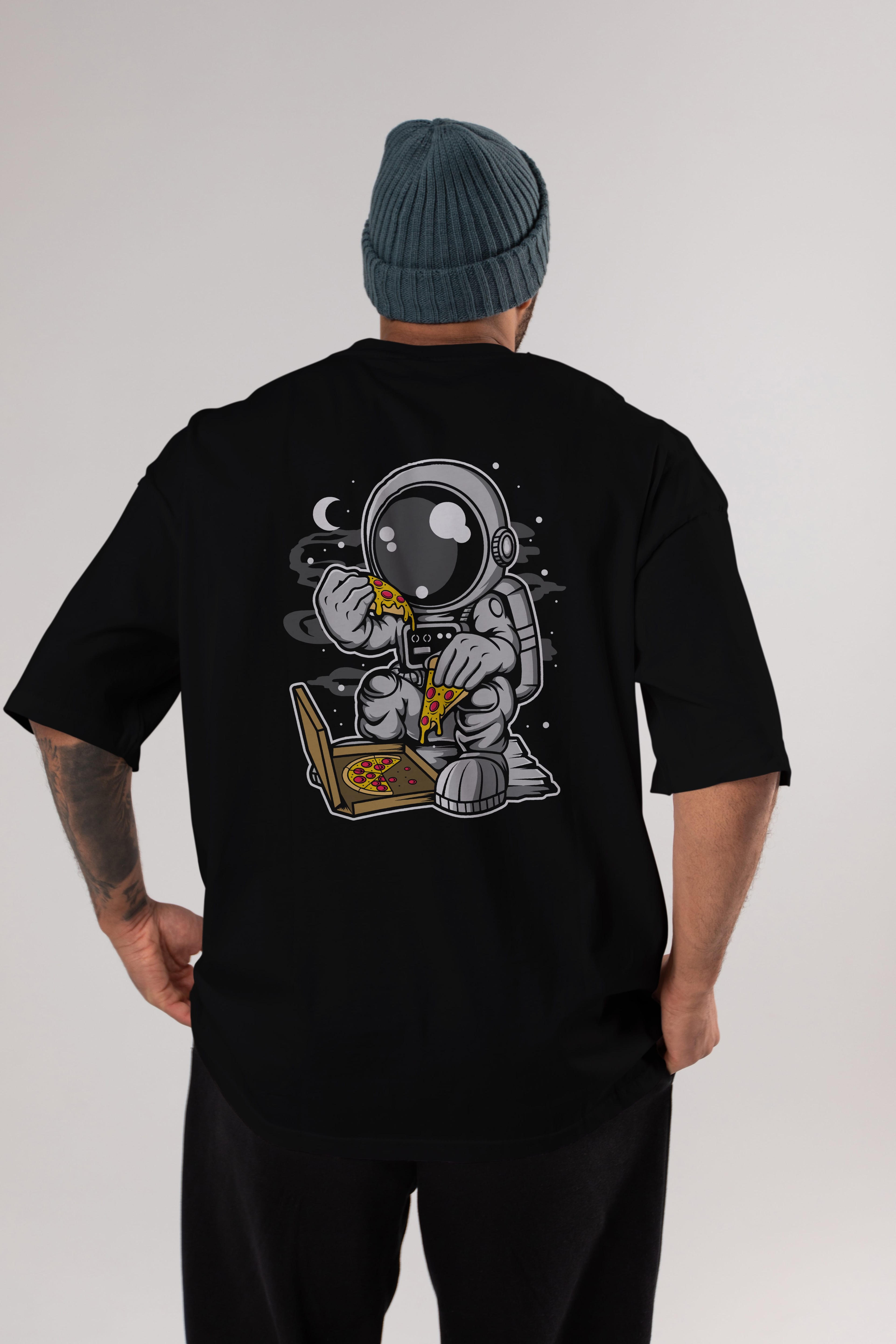 Astronaut Pizza Arka Baskılı Oversize t-shirt Erkek Kadın Unisex