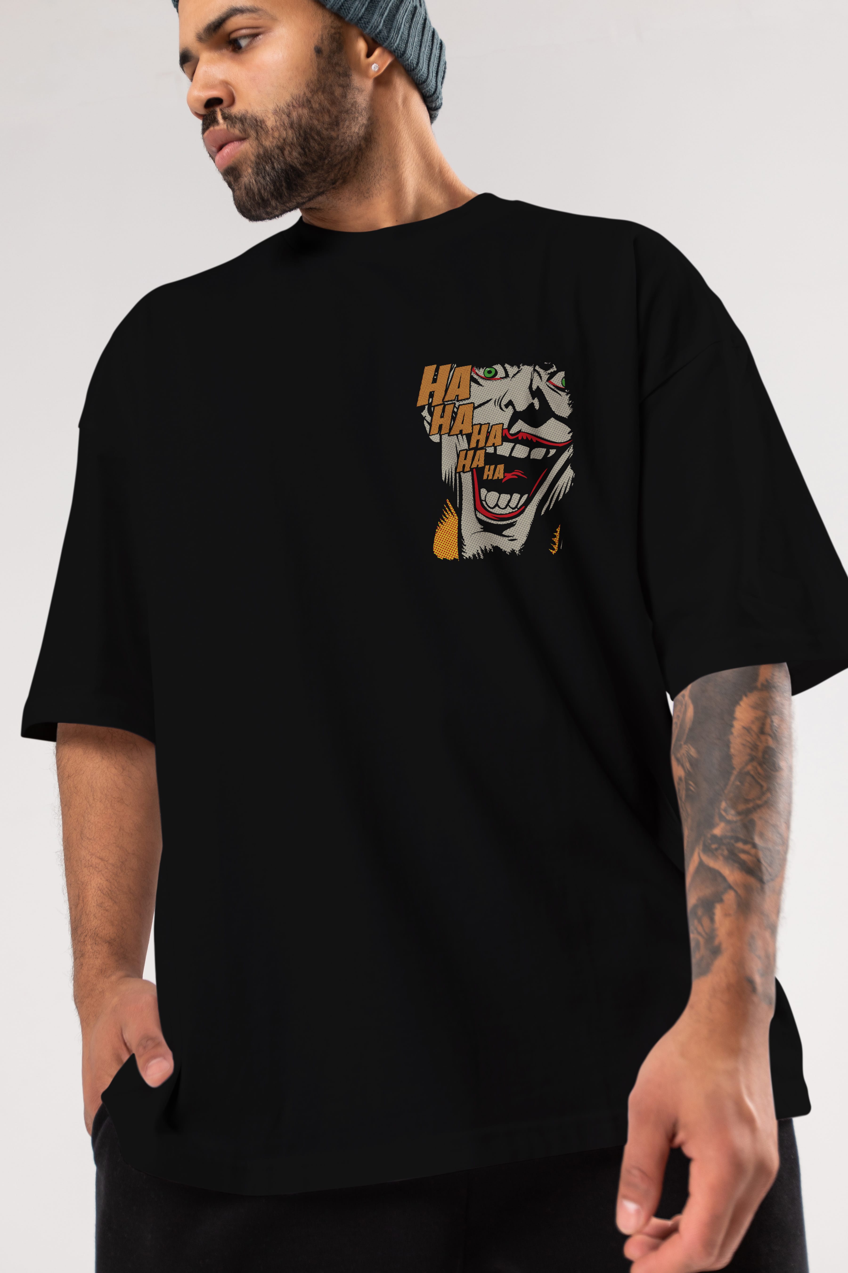 Joker (7) Ön Sol Baskılı Oversize t-shirt Erkek Kadın Unisex %100 Pamuk Bisiklet Yaka tişort