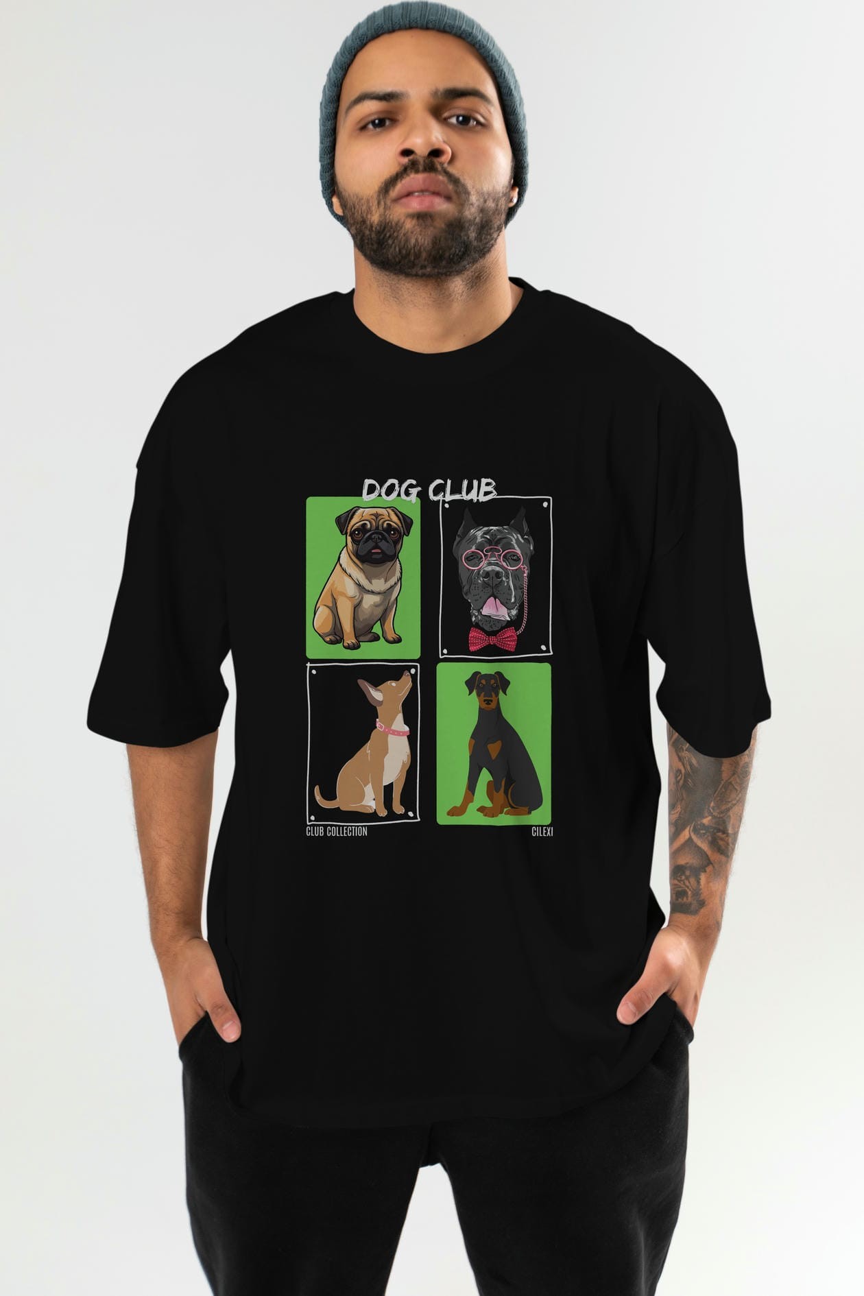 Dog Club ön Baskılı Oversize t-shirt Erkek Kadın %100 Pamuk Bisiklet Yaka tişort