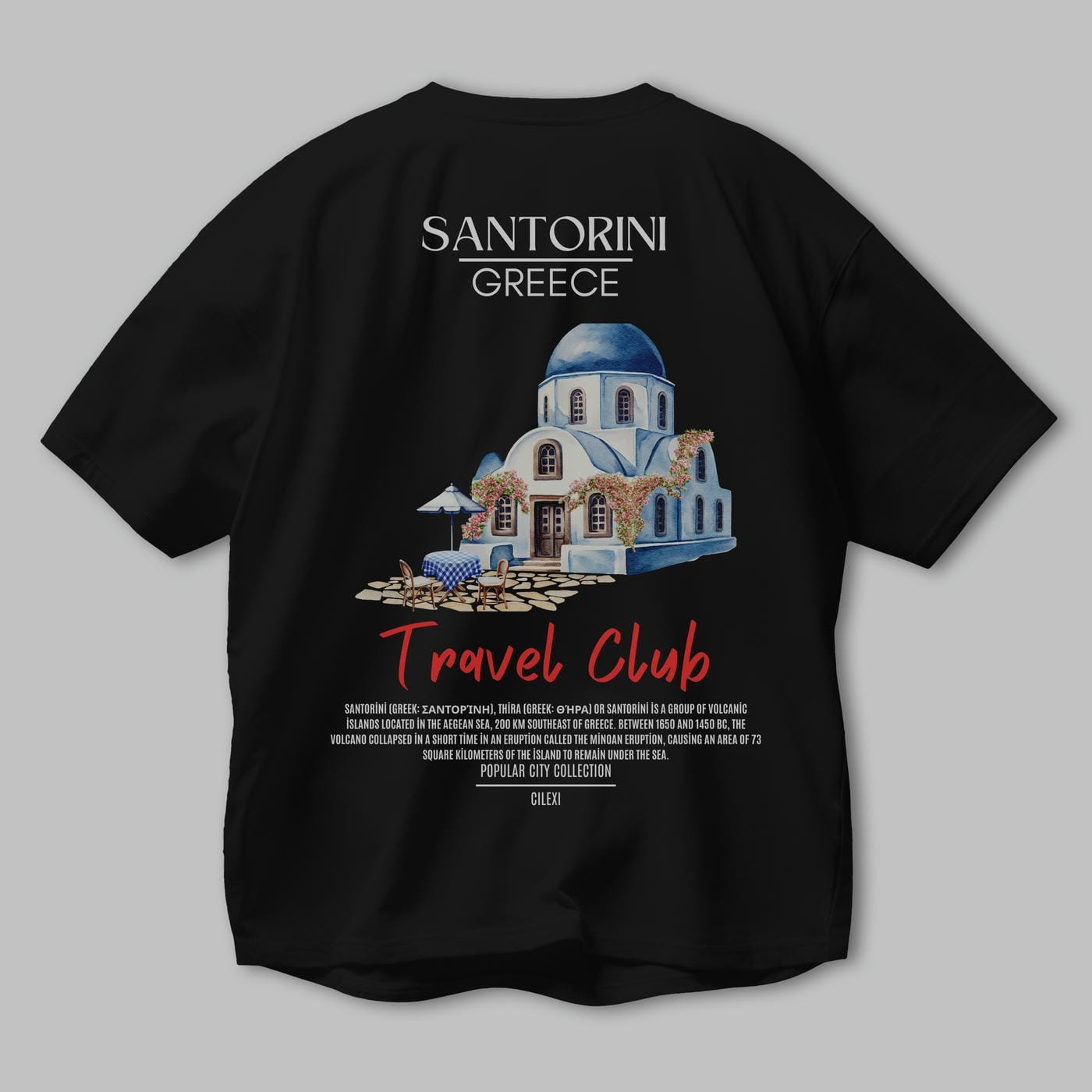 Santorini Greece Arka Baskılı Oversize t-shirt Erkek Kadın Pamuk Bisiklet Yaka tişort
