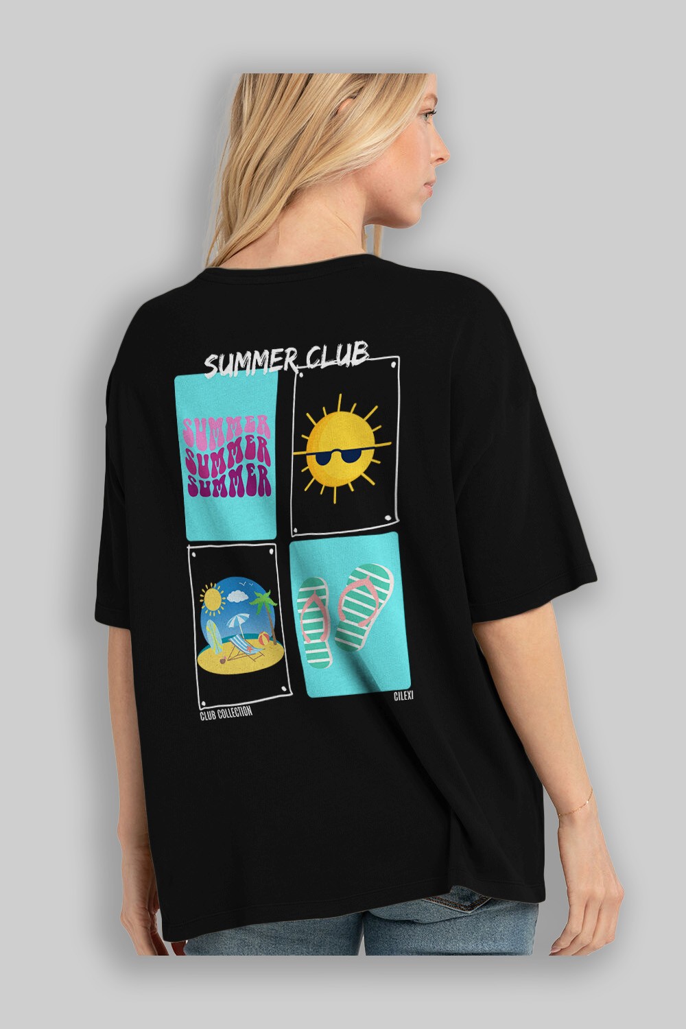 Summer Club Arka Baskılı Oversize t-shirt Erkek Kadın %100 Pamuk Bisiklet Yaka tişort