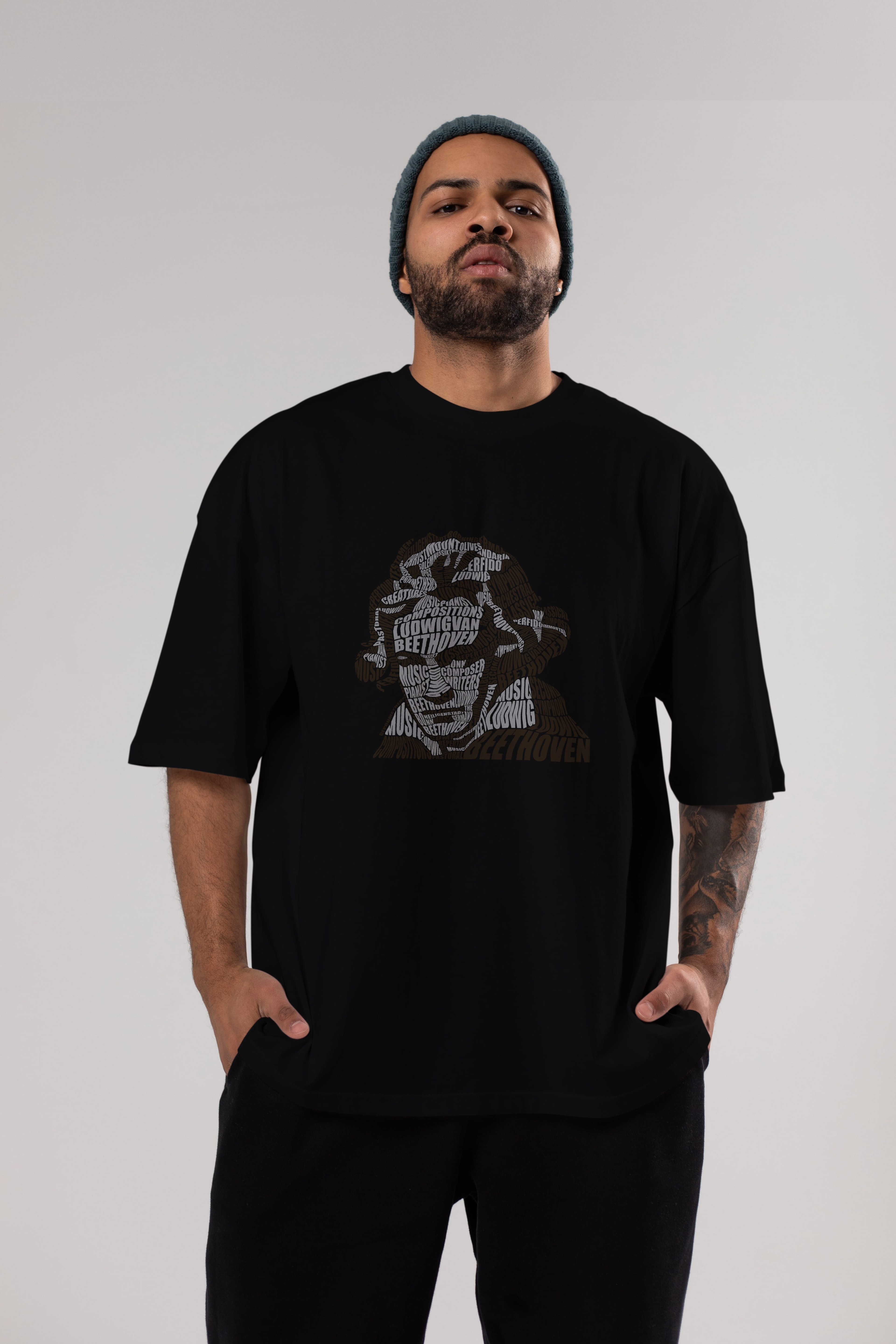 Ludwig van Beethoven Calligram Ön Baskılı Oversize t-shirt %100 pamuk Erkek Kadın Unisex