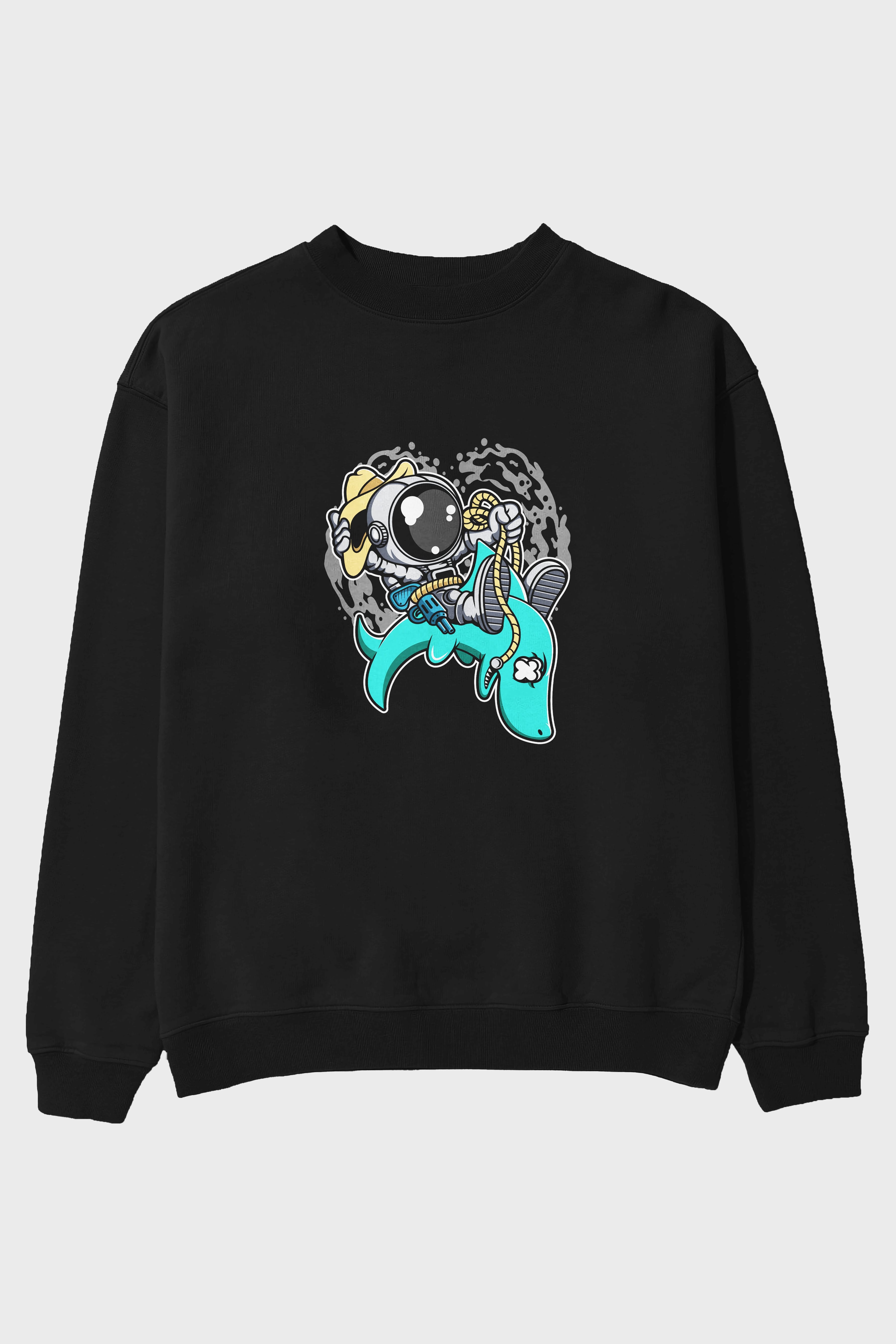 Astronaut Riding Shark Ön Baskılı Oversize Sweatshirt Erkek Kadın Unisex