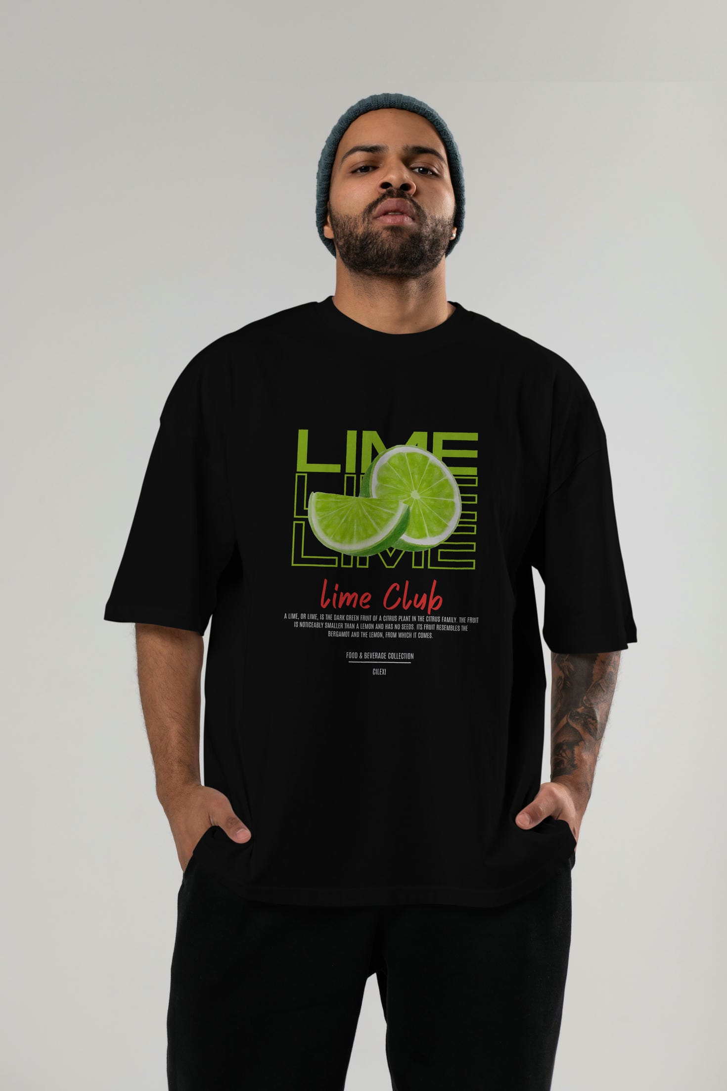 Lime Kokteyl Serisi ön Baskılı Oversize t-shirt Erkek Kadın %100 Pamuk Bisiklet Yaka tişort