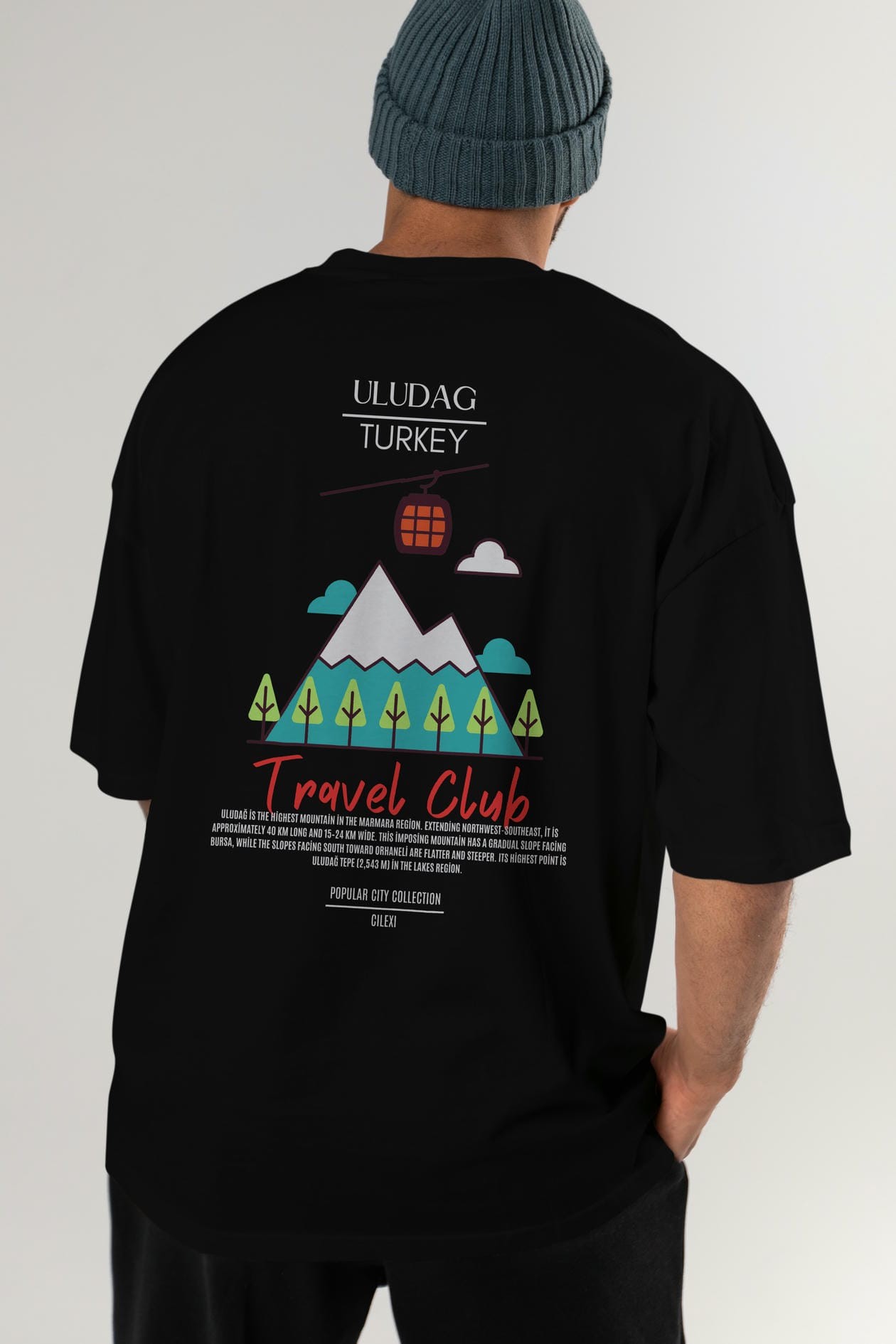 Uludağ Turkey Arka Baskılı Oversize t-shirt Erkek Kadın Pamuk Bisiklet Yaka tişort