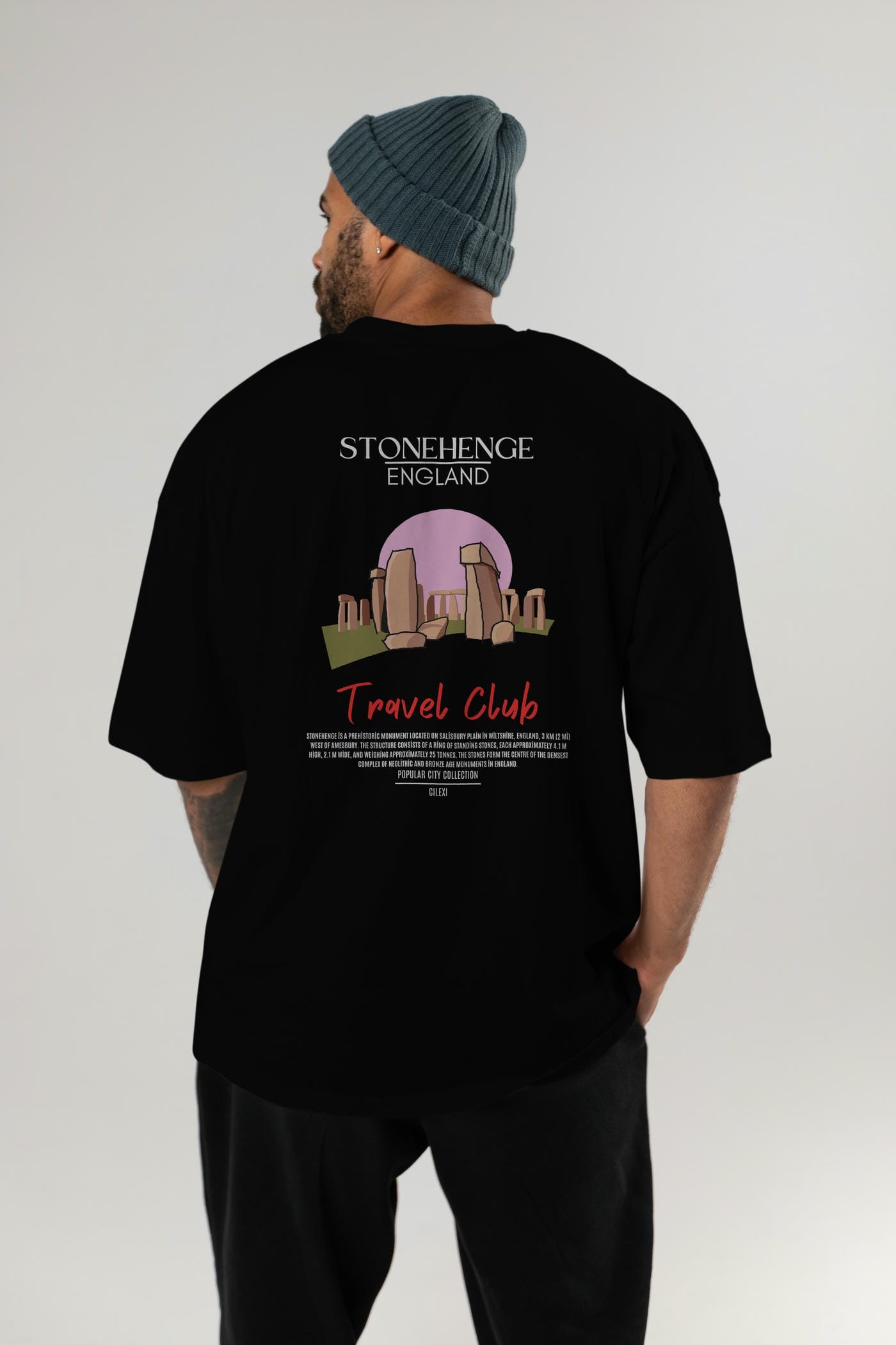 Stonehenge England Arka Baskılı Oversize t-shirt Erkek Kadın Pamuk Bisiklet Yaka tişort