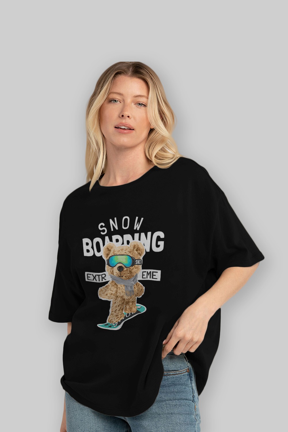 Teddy Bear Snow Boarding Ön Baskılı Oversize t-shirt Erkek Kadın Unisex %100 Pamuk