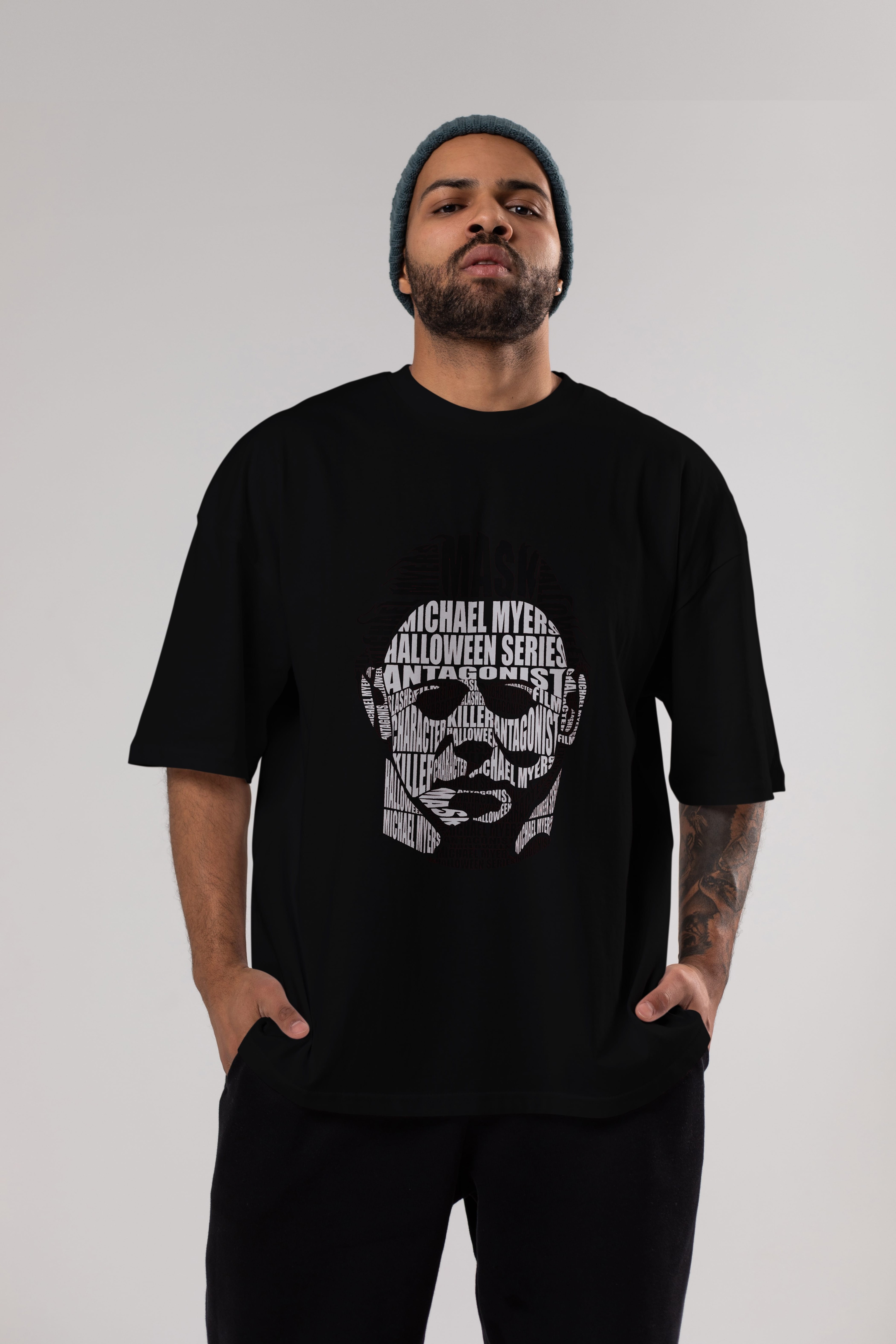 Michael Myers Calligram Ön Baskılı Oversize t-shirt %100 pamuk Erkek Kadın Unisex