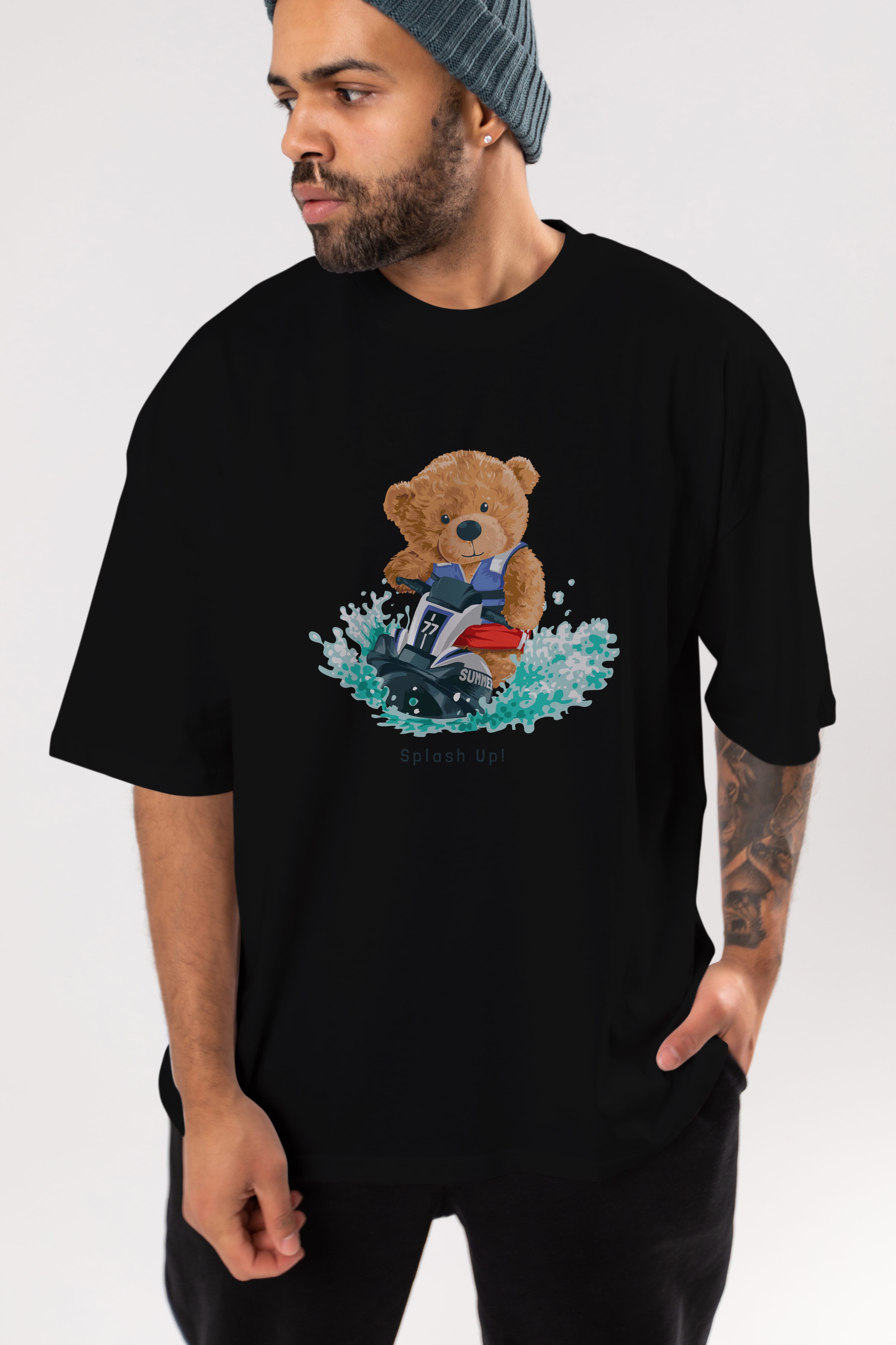 Teddy Bear Splash Up Ön Baskılı Oversize t-shirt Erkek Kadın Unisex %100 Pamuk