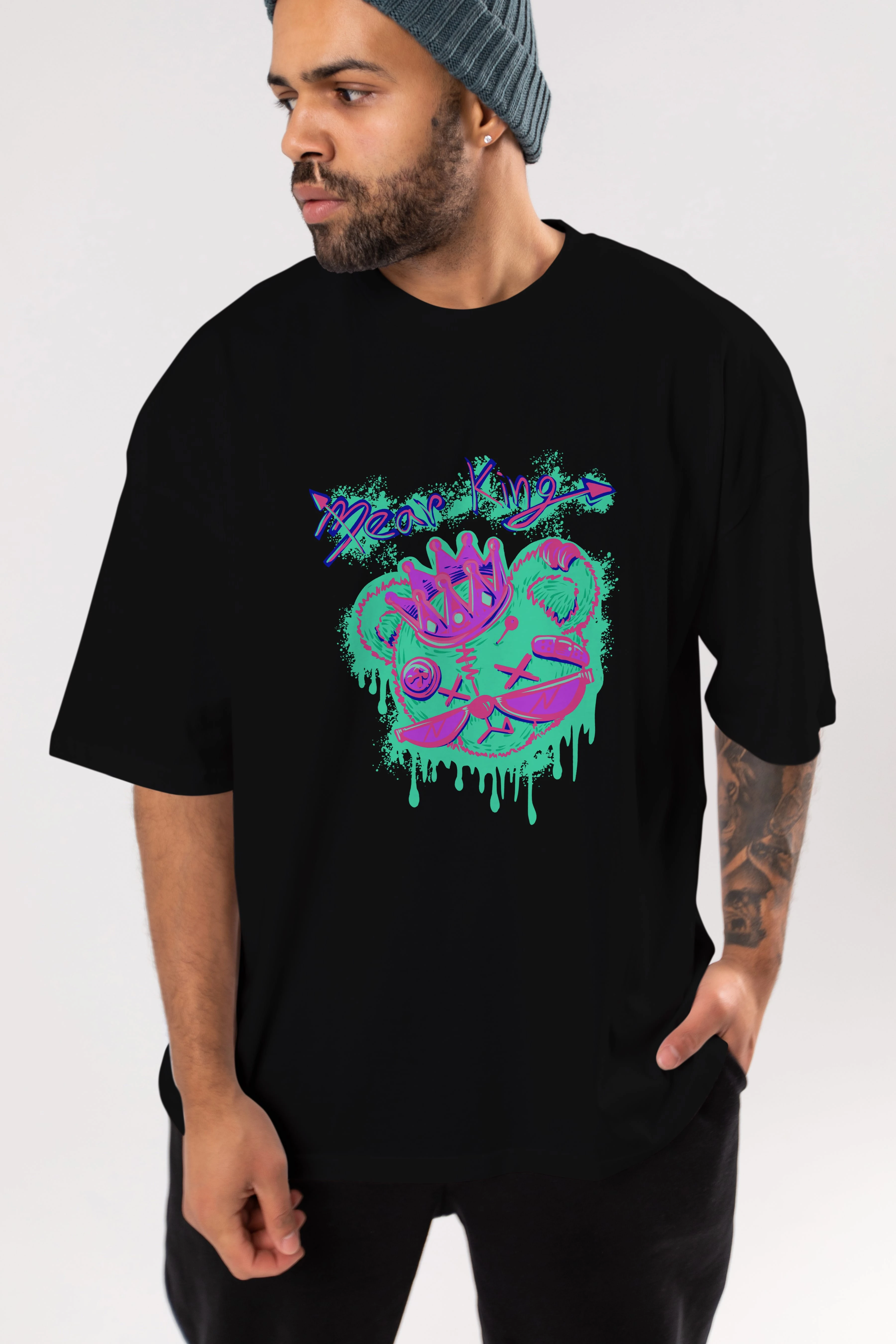 Bear King Ön Baskılı Oversize t-shirt Erkek Kadın Unisex