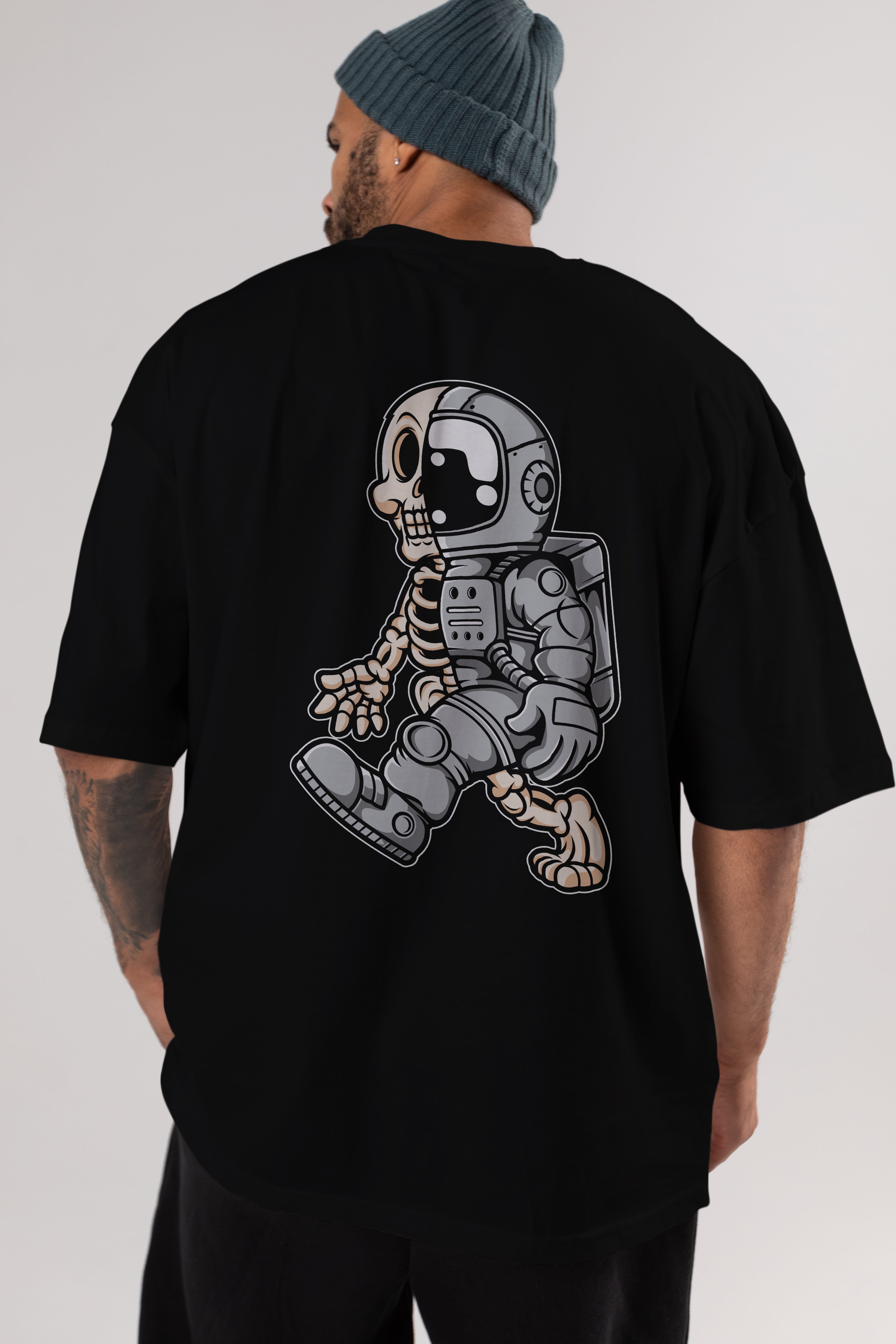 Astronaut Half Skull Arka Baskılı Oversize t-shirt Erkek Kadın Unisex