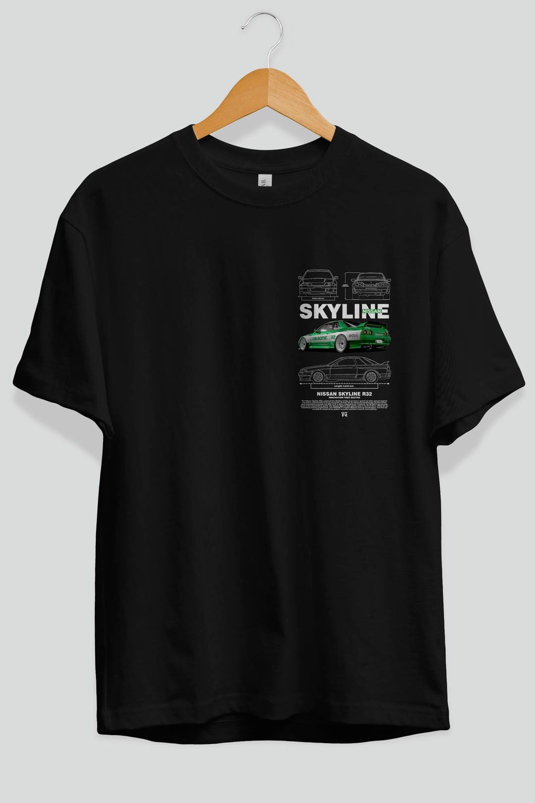 NISSAN SKYLINE R32 Ön Sol Baskılı Oversize t-shirt Erkek Kadın Unisex %100 Pamuk Bisiklet Yaka tişort