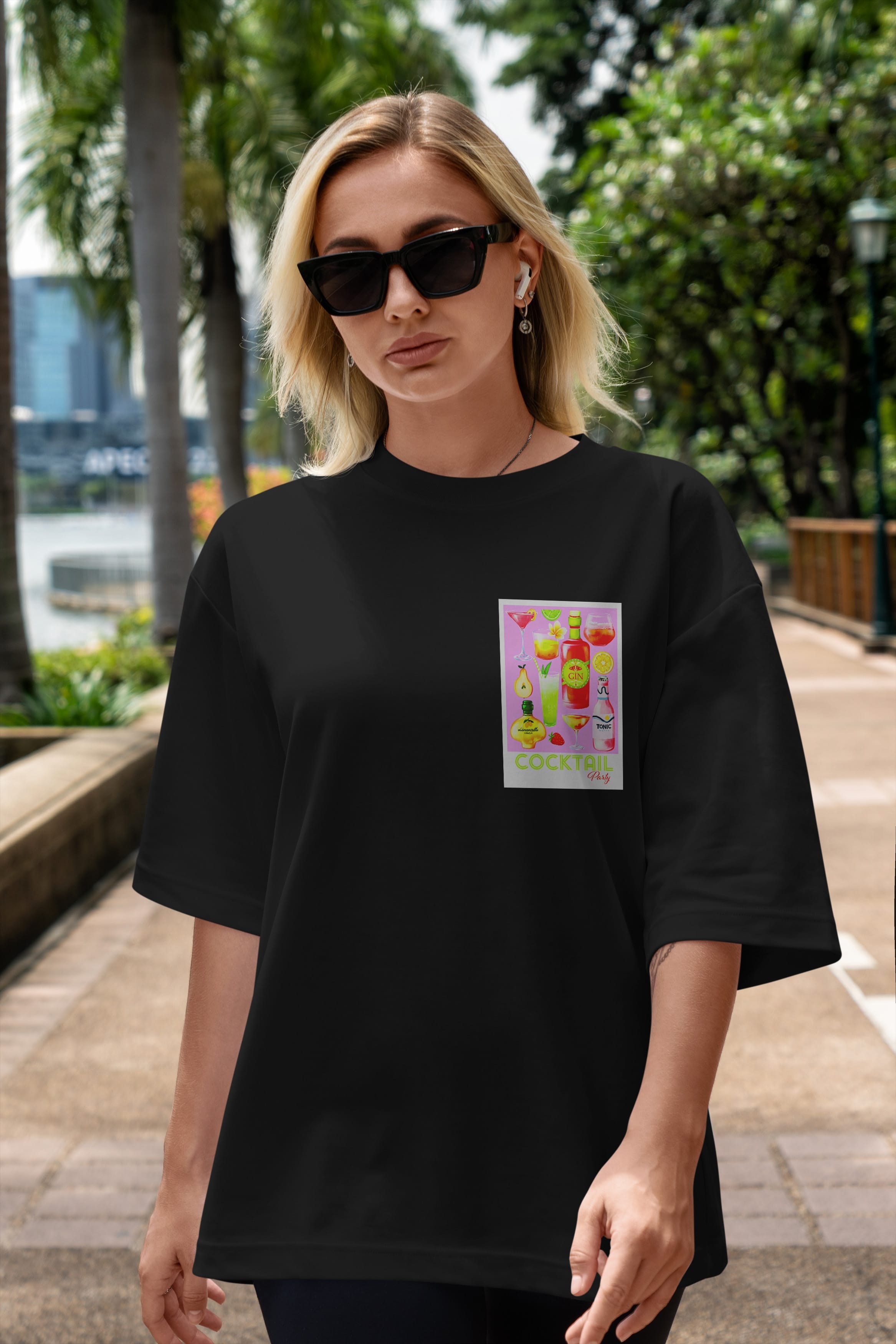 Cocktail Party Ön Sol Baskılı Oversize t-shirt Erkek Kadın Unisex %100 Pamuk Bisiklet Yaka tişort