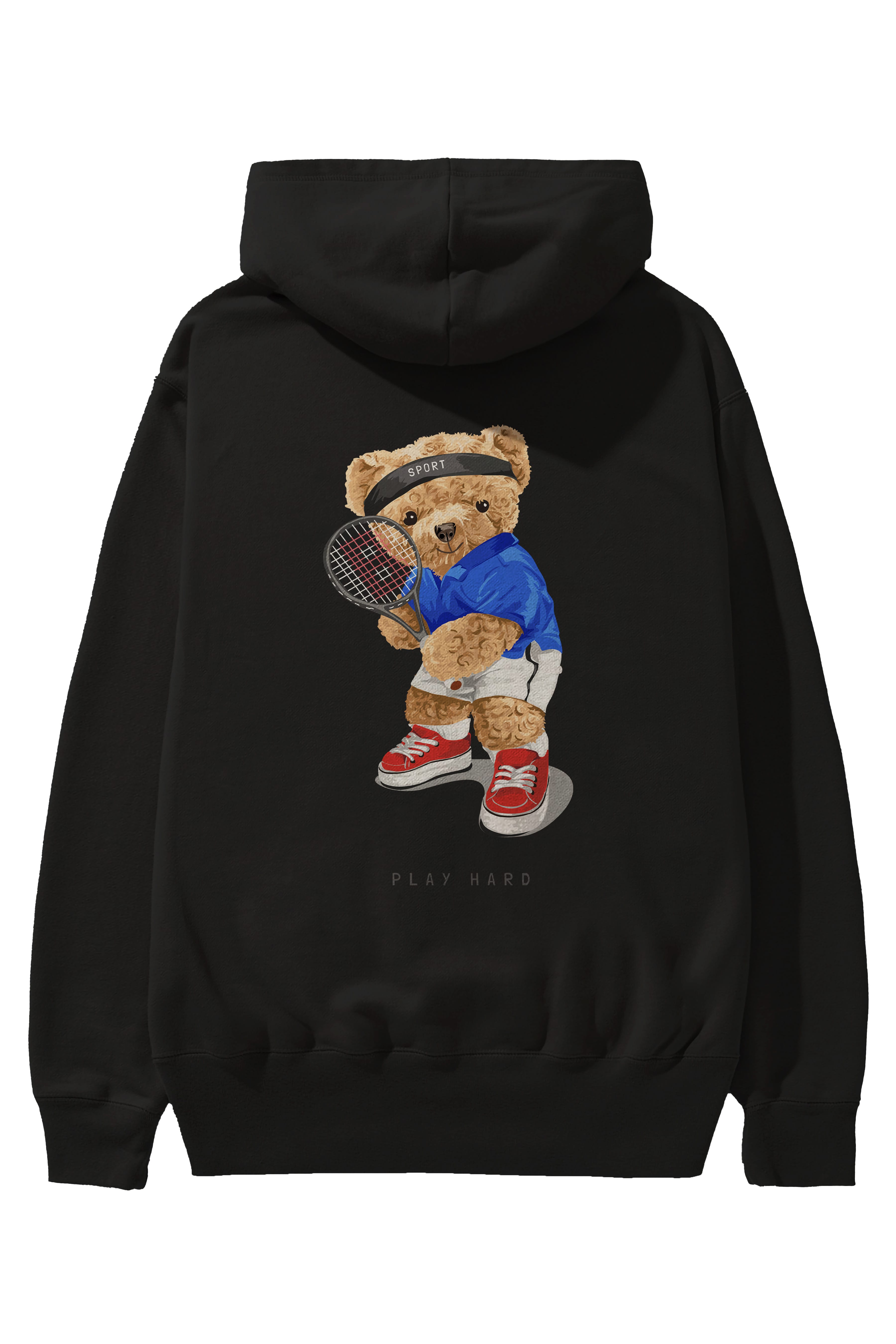 Teddy Bear Play Hard Arka Baskılı Hoodie Oversize Kapüşonlu Sweatshirt Erkek Kadın Unisex