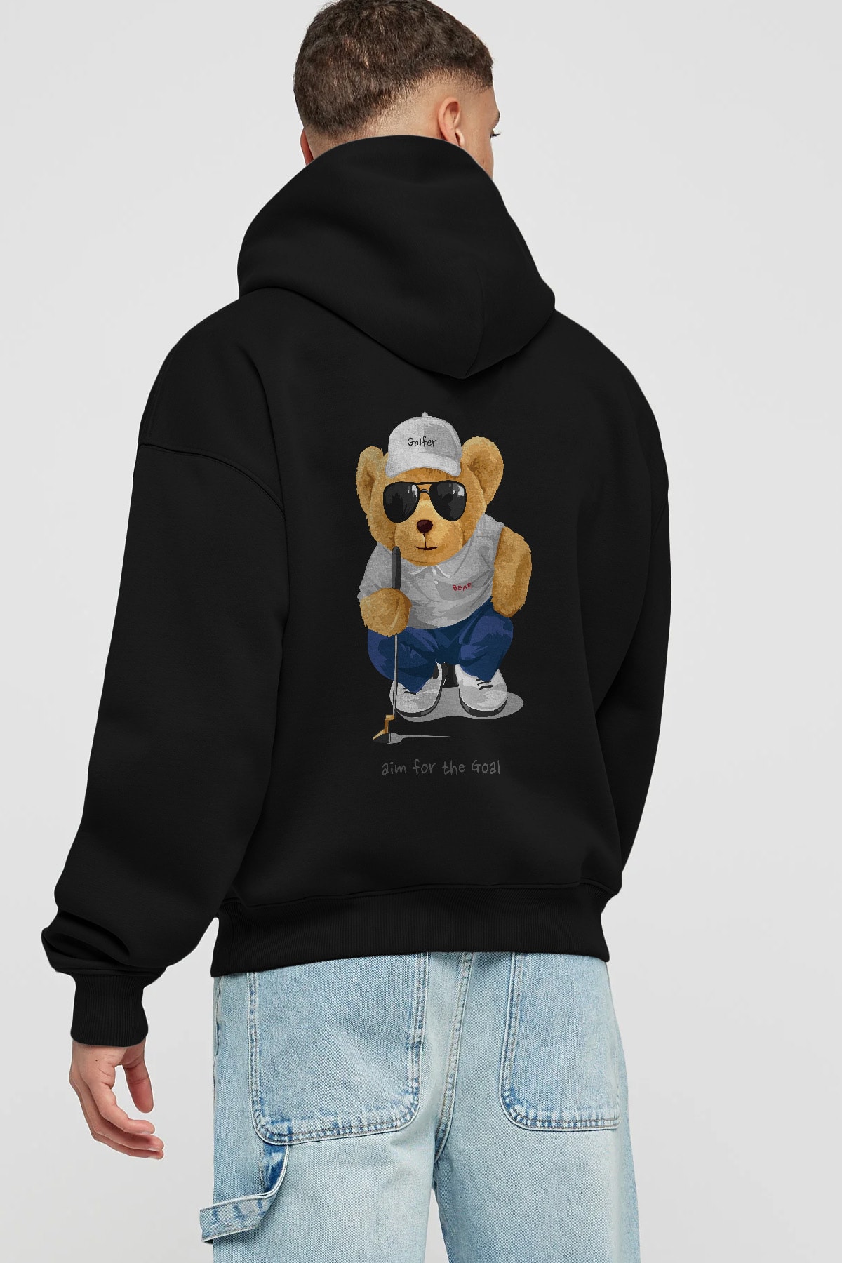 Teddy Bear Golfer Arka Baskılı Hoodie Oversize Kapüşonlu Sweatshirt Erkek Kadın Unisex