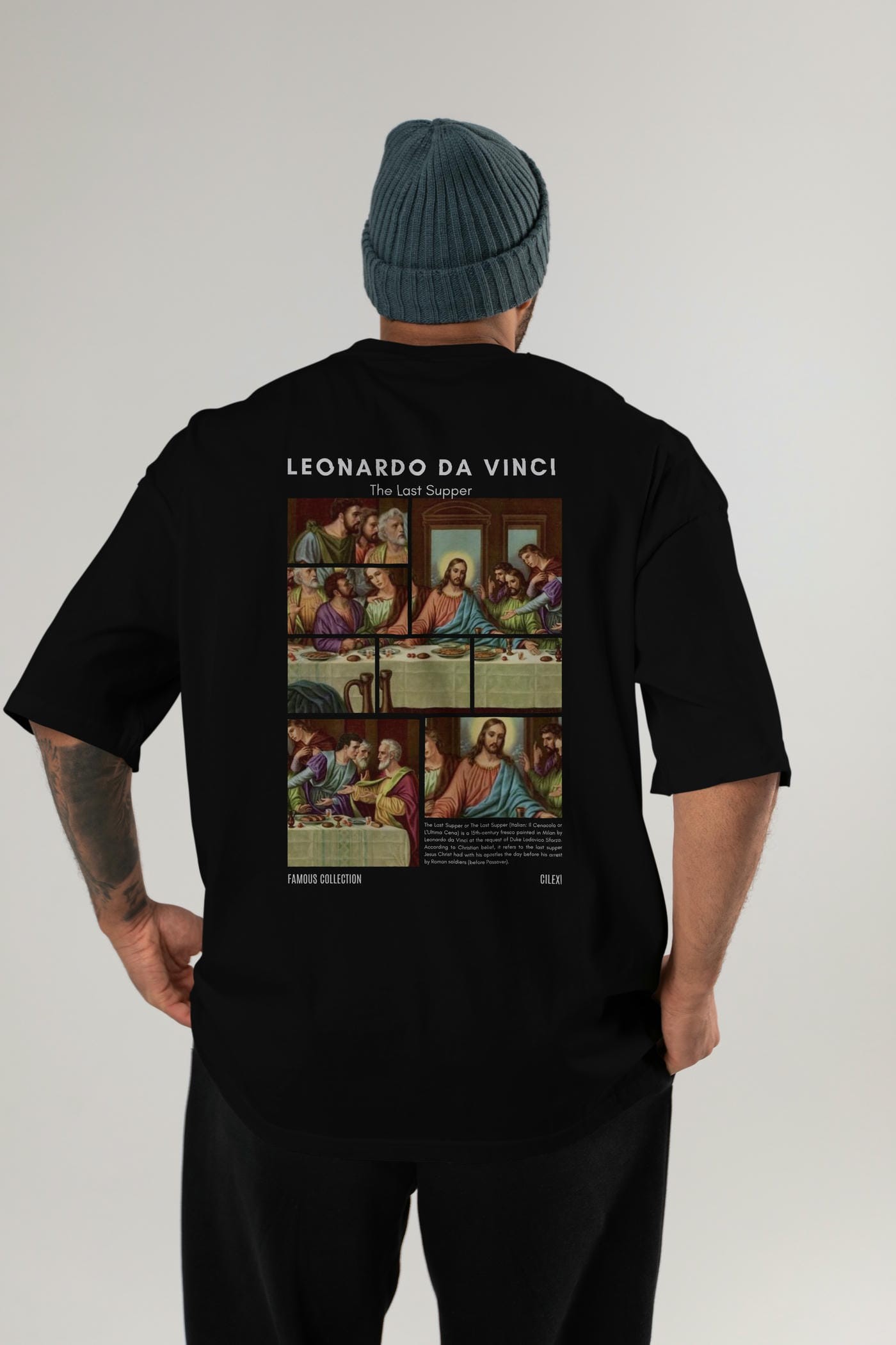 Leonardo Da Vinci Arka Baskılı Oversize t-shirt Erkek Kadın Bisiklet Yaka Pamuk tişort
