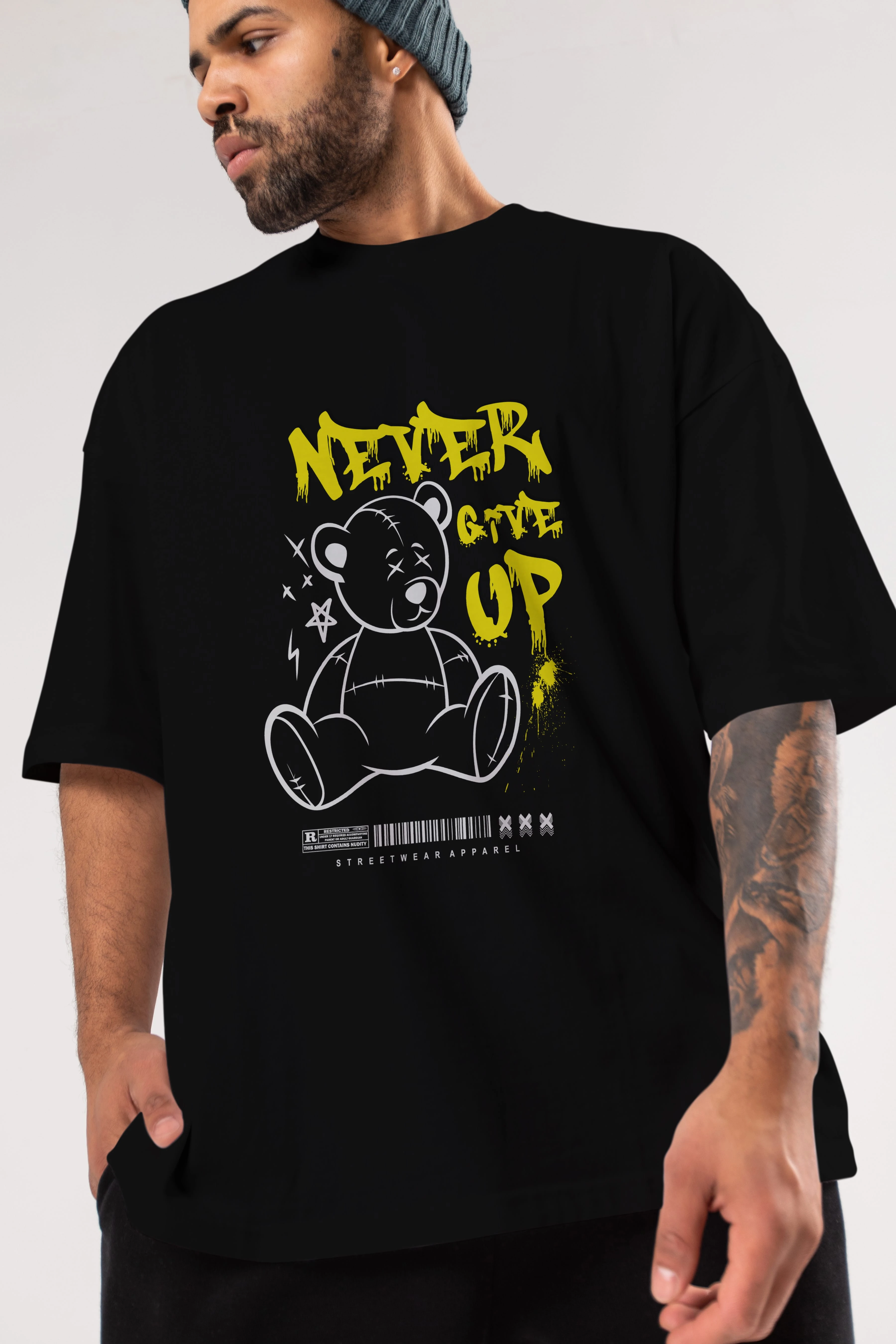 Teddy Bear Never Give Up Ön Baskılı Oversize t-shirt Erkek Kadın Unisex