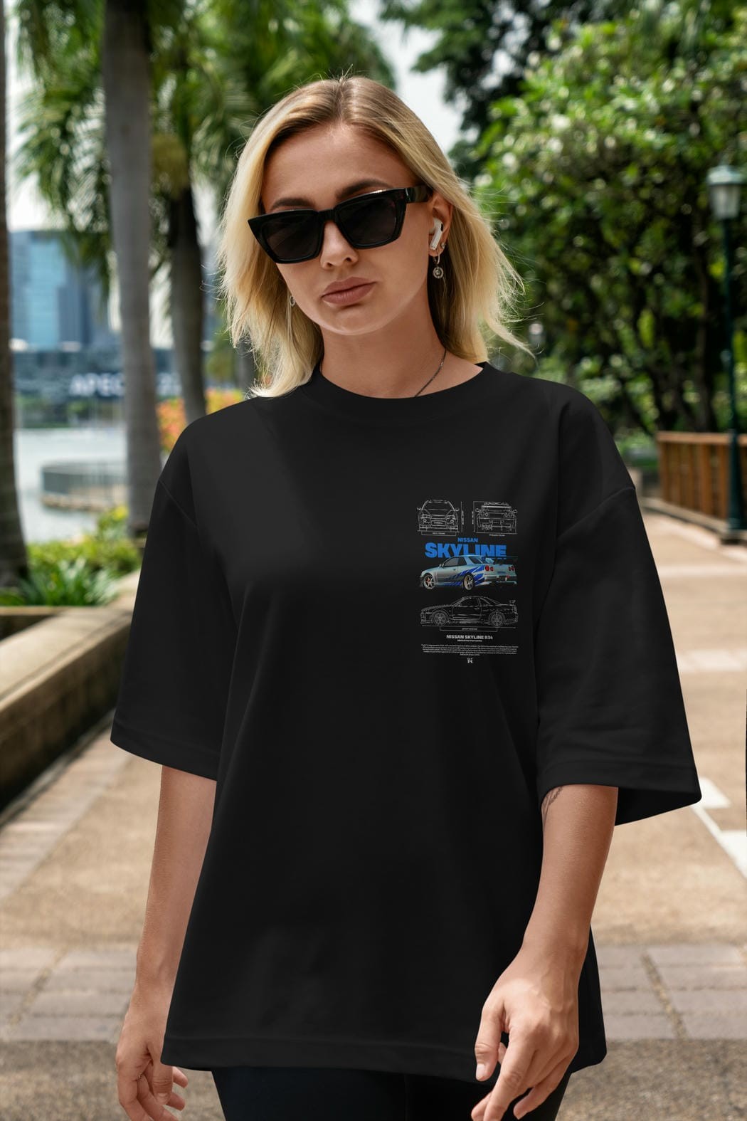 Nissan SKYLINE 34 FAST AND FURIOUS Ön Sol Baskılı Oversize t-shirt Erkek Kadın Unisex %100 Pamuk Bisiklet Yaka tişort