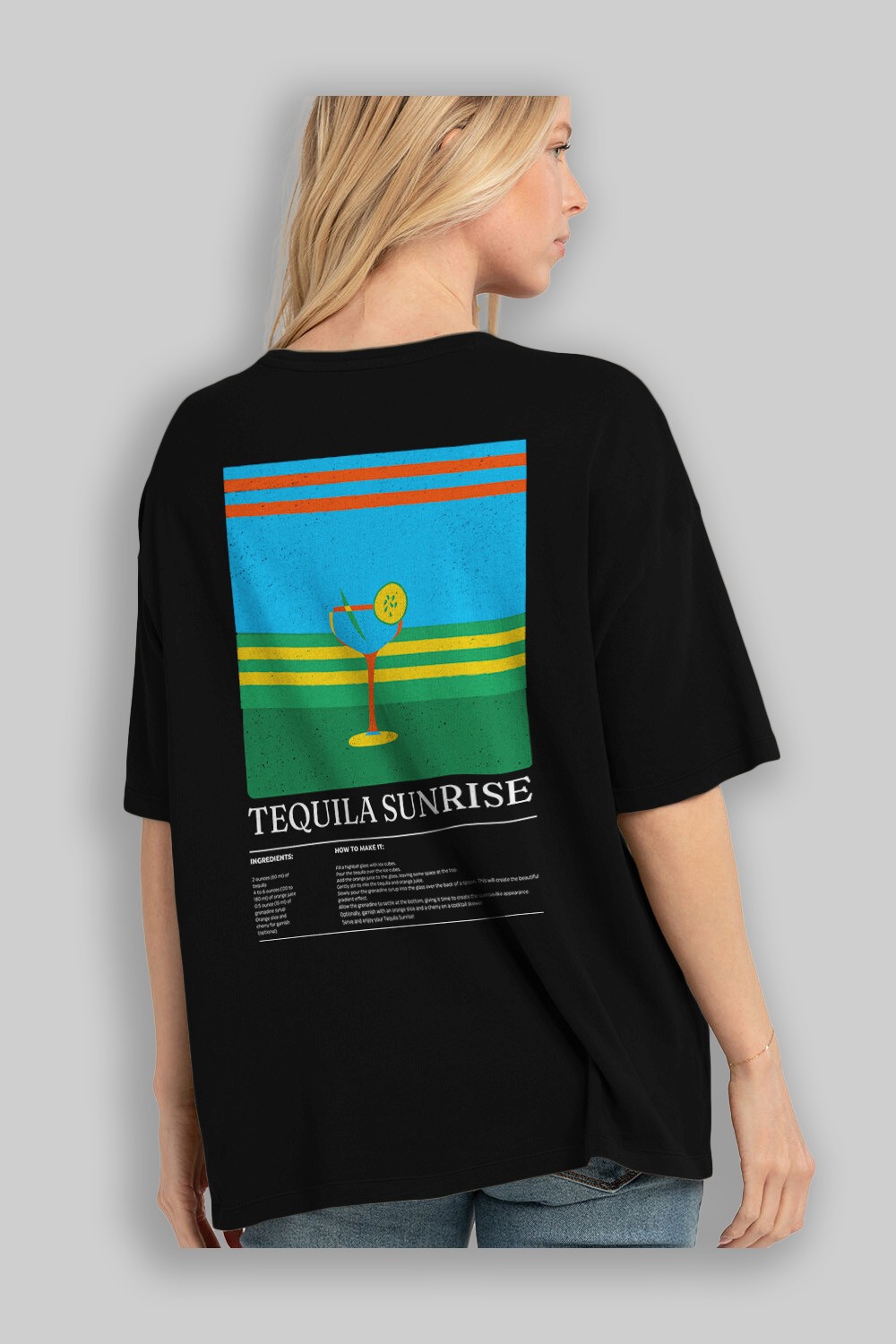 Tequila Sunrise Kokteyl Serisi Arka Baskılı Oversize t-shirt Erkek Kadın %100 Pamuk Bisiklet Yaka tişort