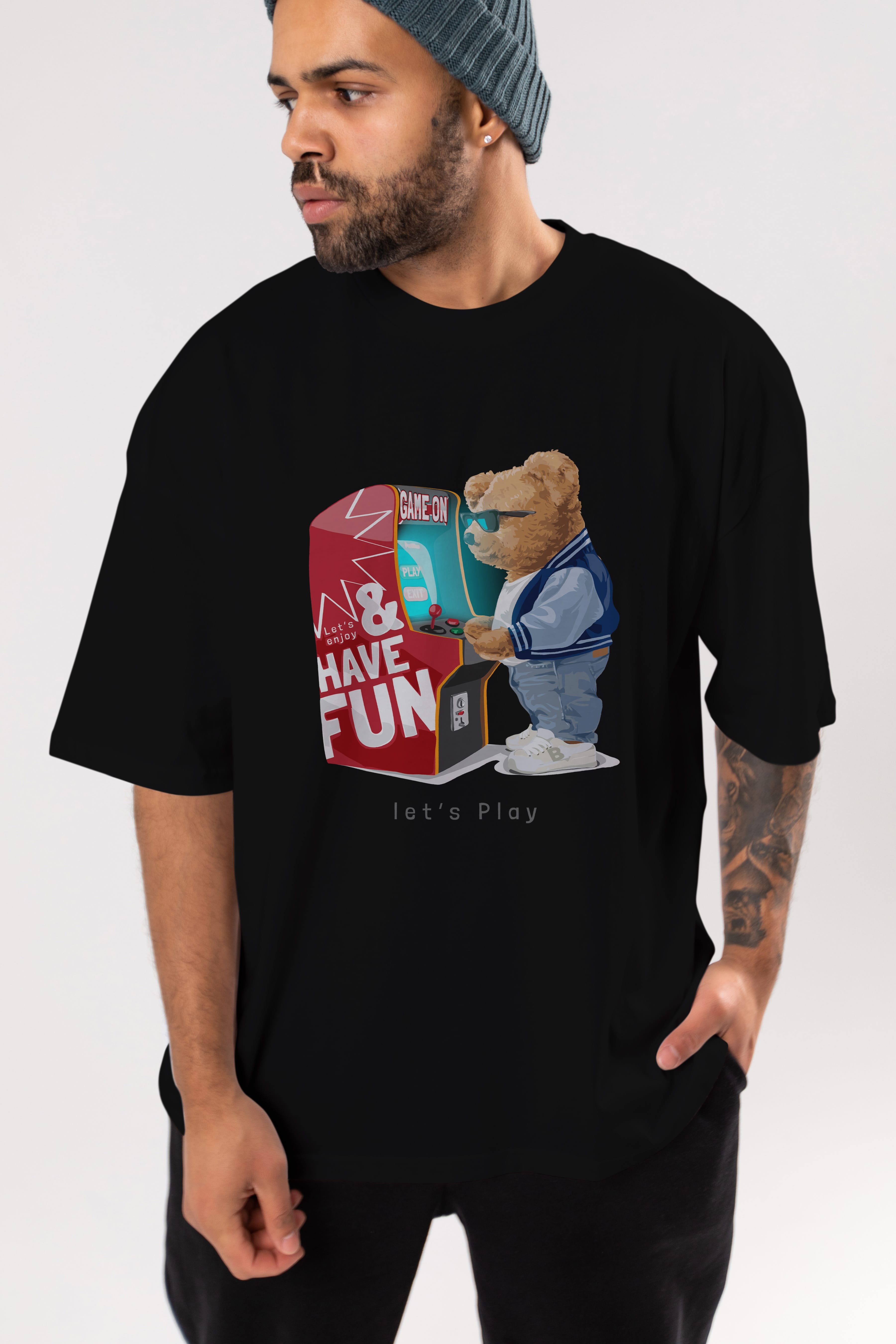 Teddy Bear Lets Play Ön Baskılı Oversize t-shirt Erkek Kadın Unisex %100 Pamuk