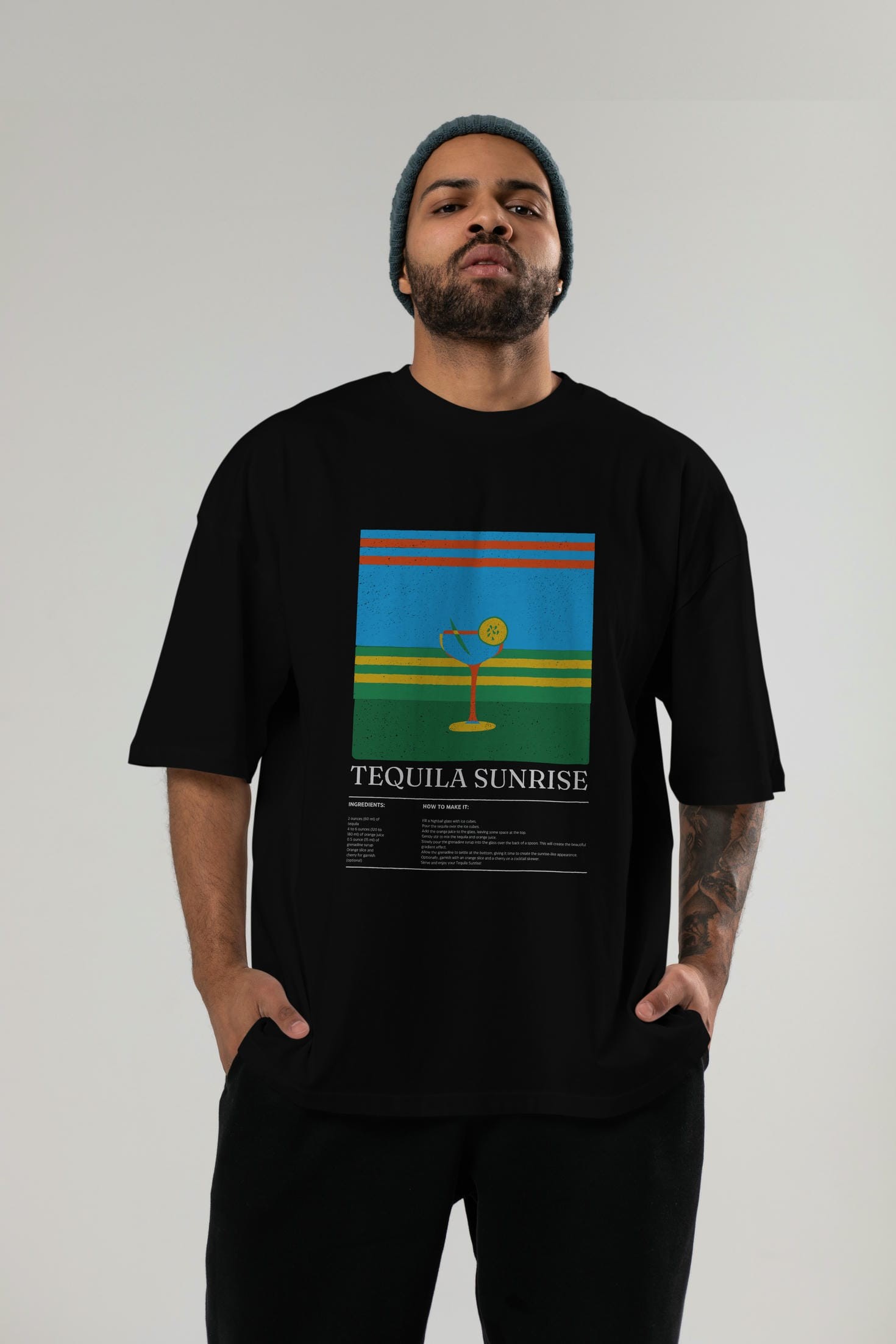 Tequila Sunrise Kokteyl Ön Baskılı Oversize t-shirt Erkek Kadın %100 Pamuk Bisiklet Yaka tişort