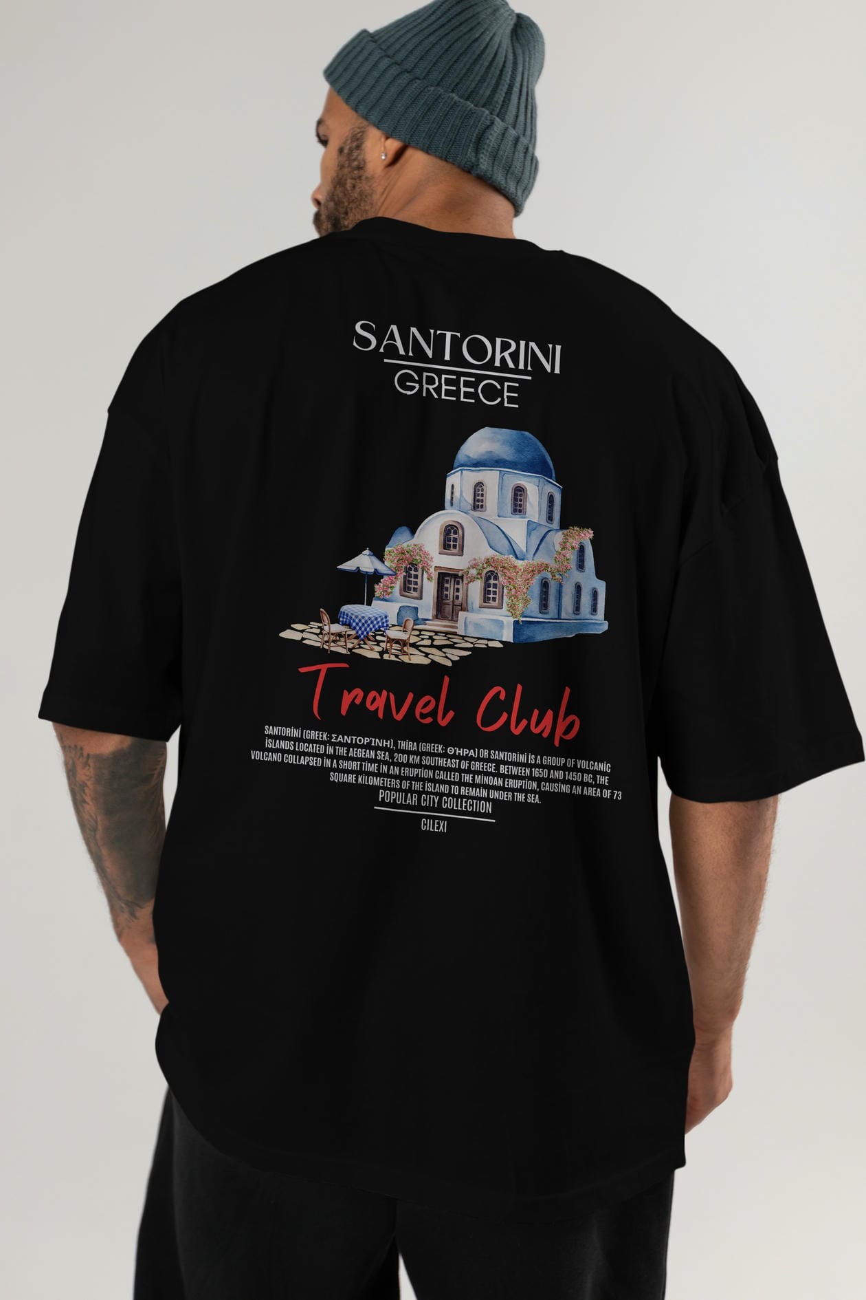 Santorini Greece Arka Baskılı Oversize t-shirt Erkek Kadın Pamuk Bisiklet Yaka tişort