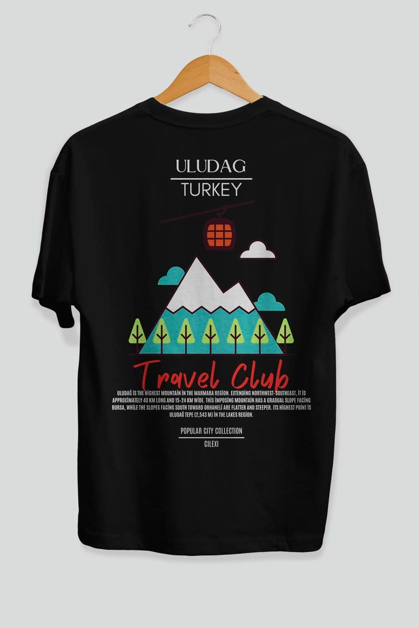 Uludağ Turkey Arka Baskılı Oversize t-shirt Erkek Kadın Pamuk Bisiklet Yaka tişort