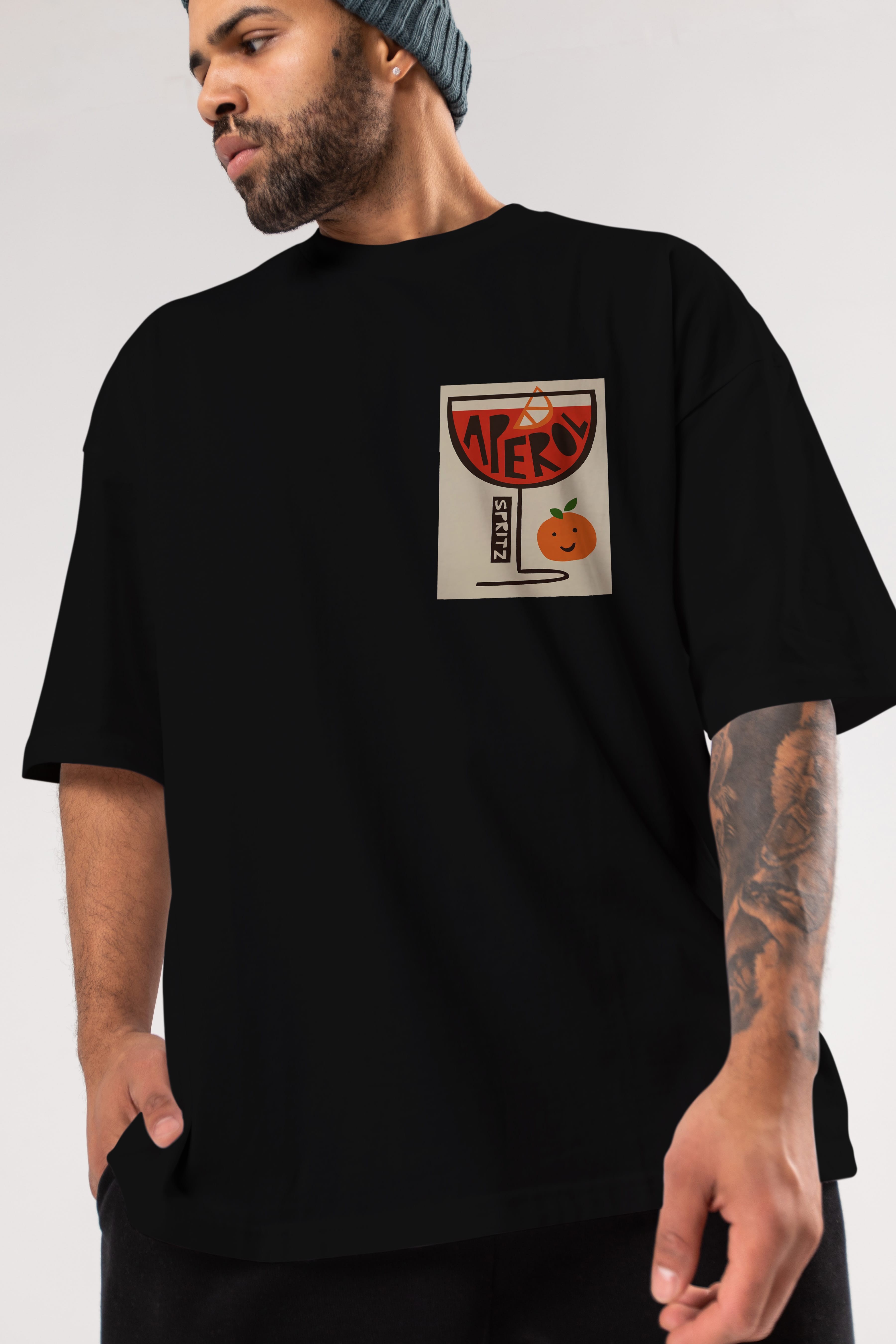 Aperol Spritz 9 Ön Sol Baskılı Oversize t-shirt Erkek Kadın Unisex %100 Pamuk Bisiklet Yaka tişort