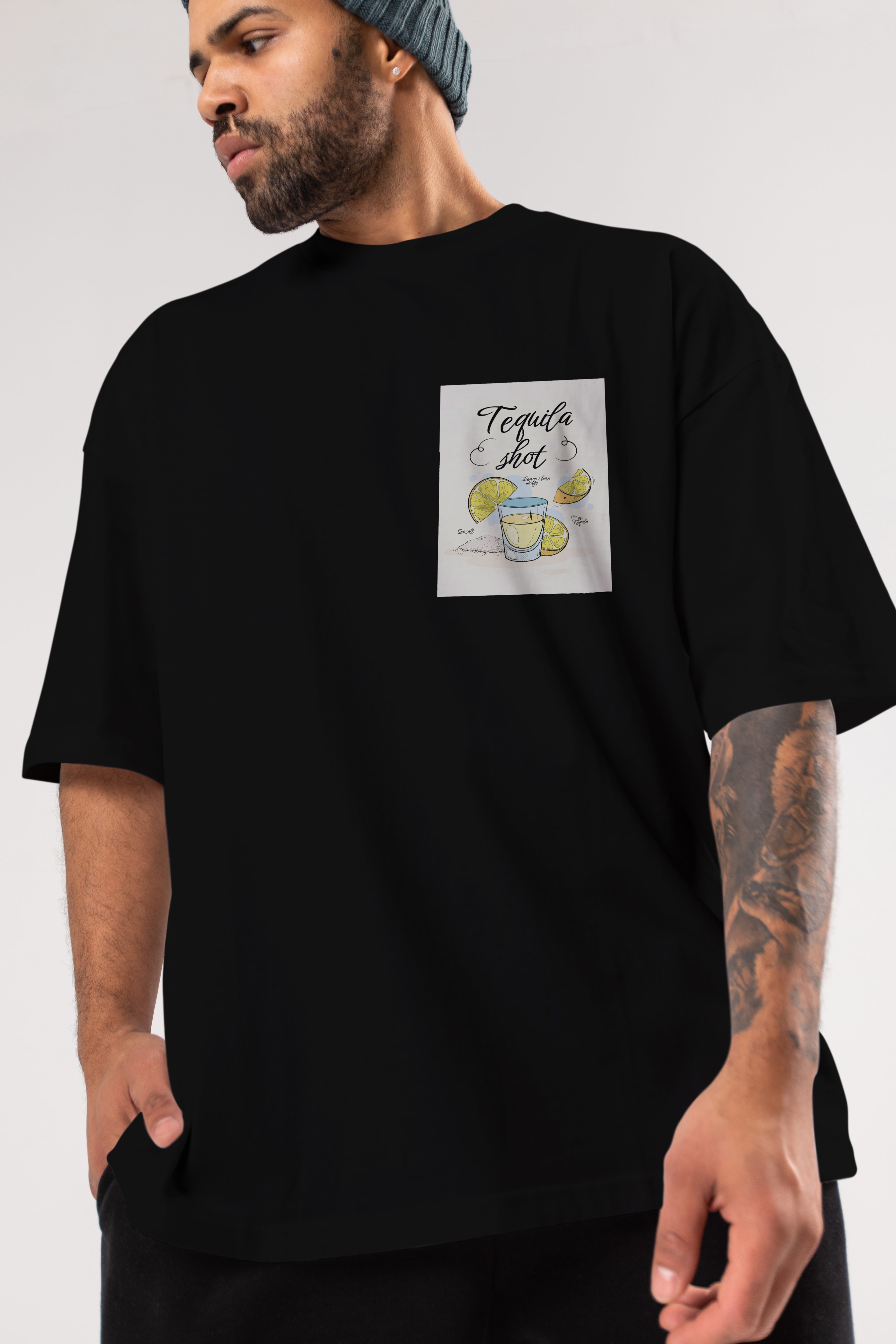 Tequila Shot Ön Sol Baskılı Oversize t-shirt Erkek Kadın Unisex %100 Pamuk Bisiklet Yaka tişort