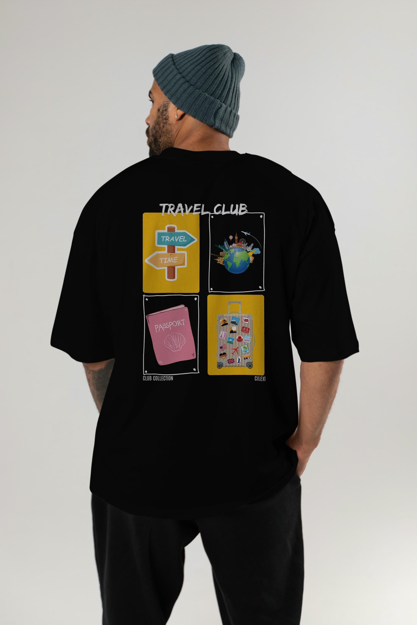 Travel Club Arka Baskılı Oversize t-shirt Erkek Kadın %100 Pamuk Bisiklet Yaka tişort