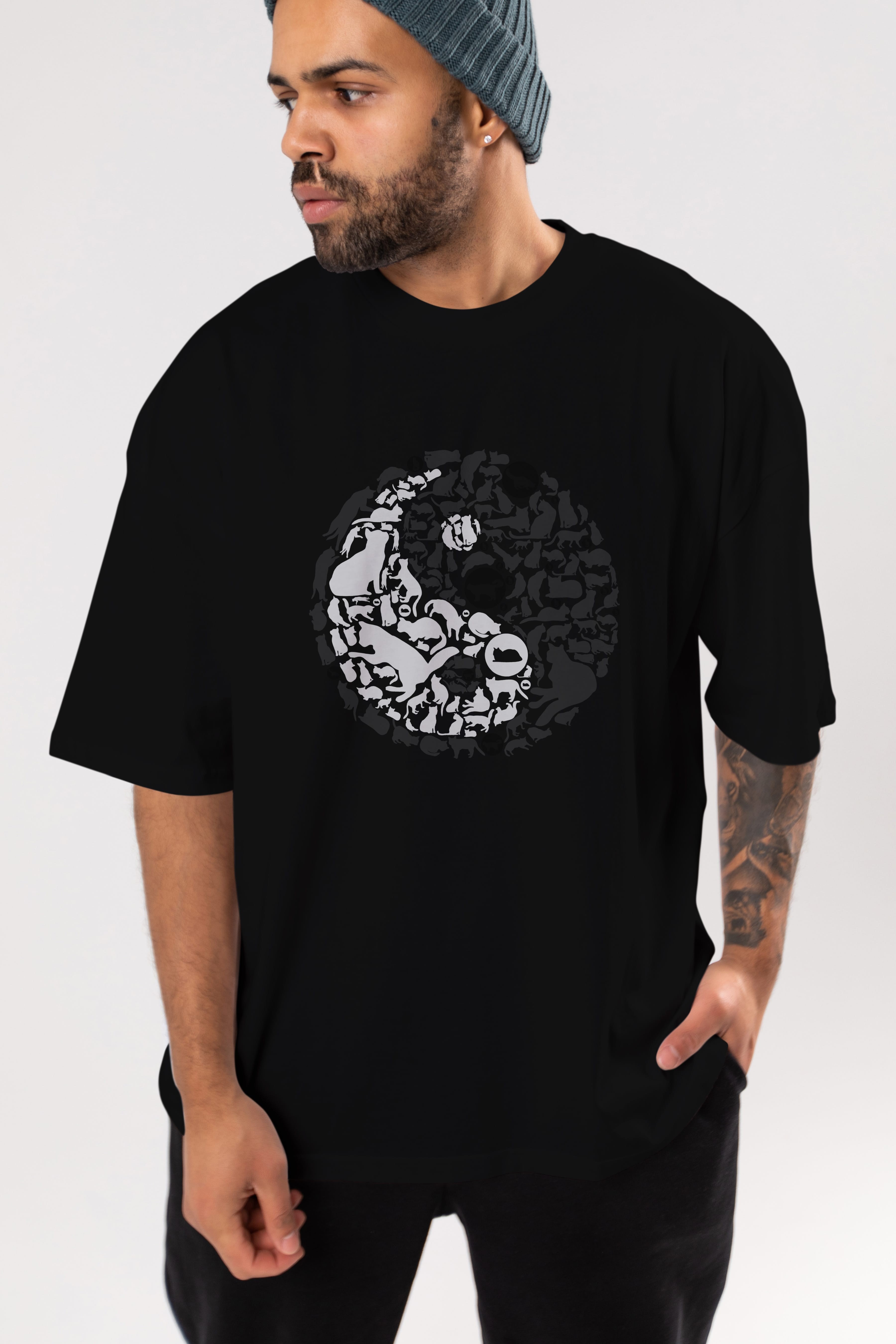 YinYang Cats Ön Baskılı Oversize t-shirt %100 pamuk Erkek Kadın Unisex