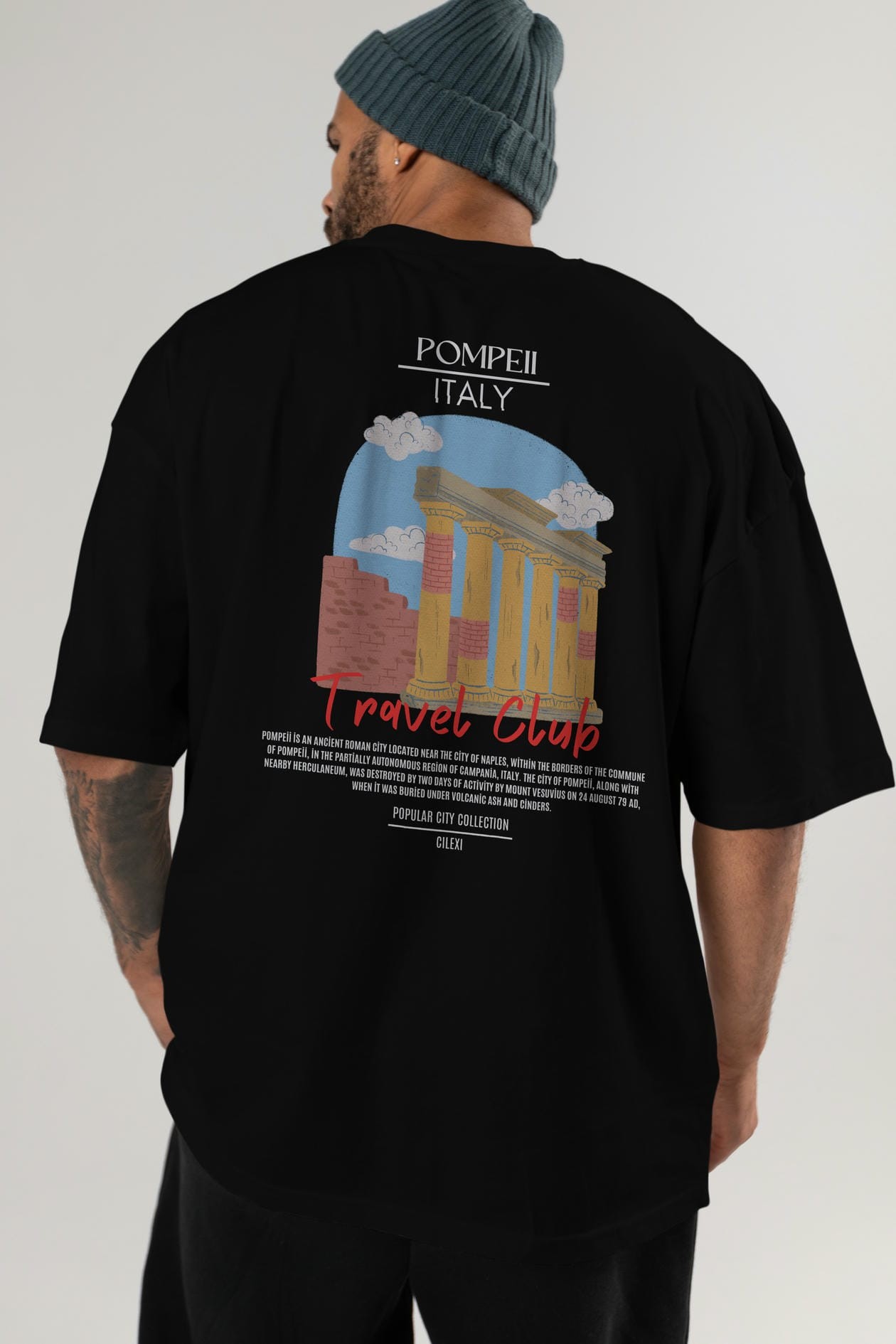 Pompeii İtaly Arka Baskılı Oversize t-shirt Erkek Kadın Pamuk Bisiklet Yaka tişort